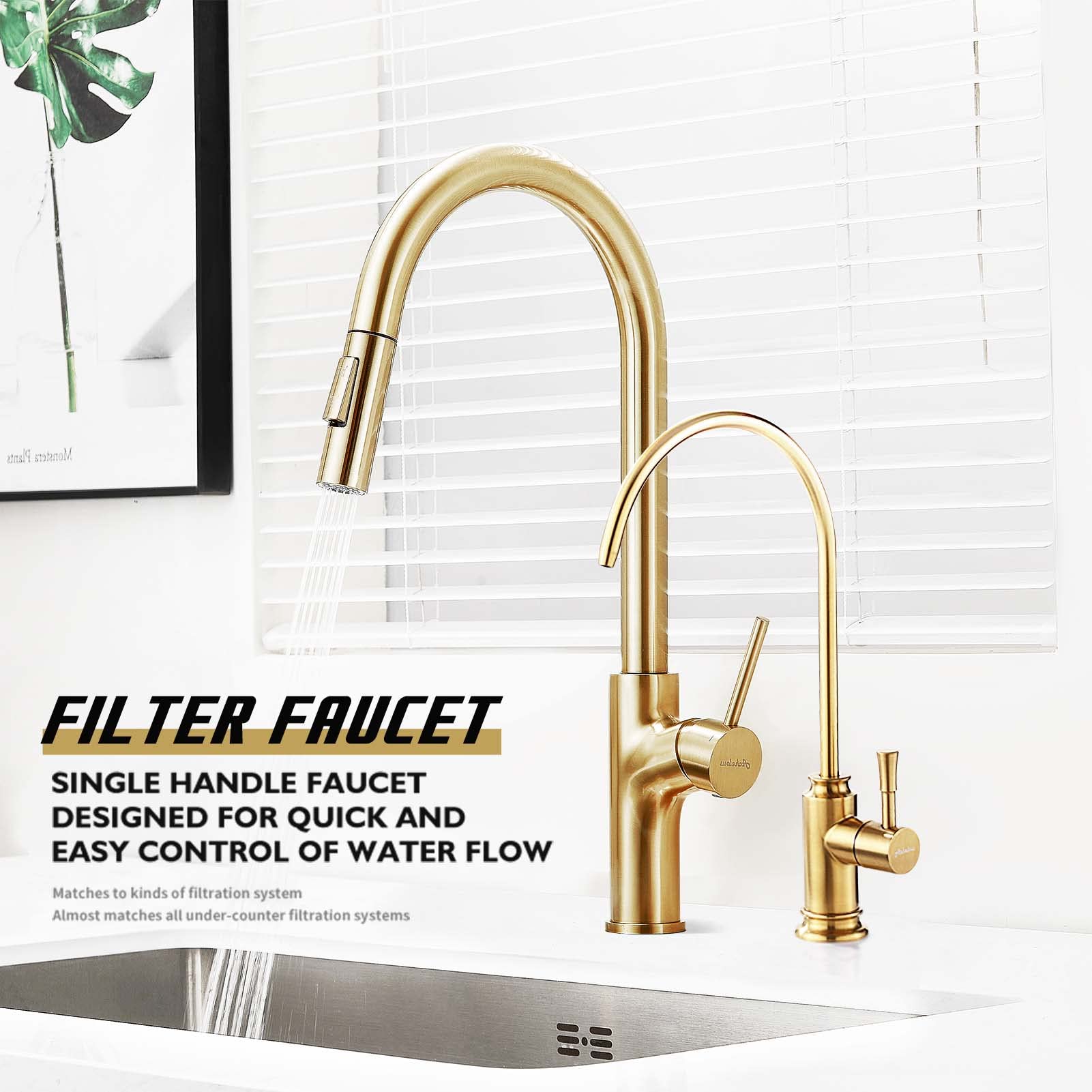 Achelous Grifo de filtro de agua de cocina dorado, grifo de agua potable sin plomo de acero inoxidable se adapta a unidades de ósmosis inversa o sistema de filtración de agua en espacio sin aire