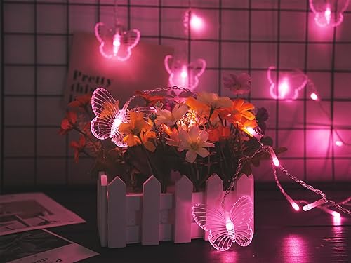 Miniatura 3 de Guirnalda de luces de cortina de mariposa, 120 luces LED rosadas parpadeantes con Romote, 8 modos de luces de Navidad alimentadas por USB para boda,