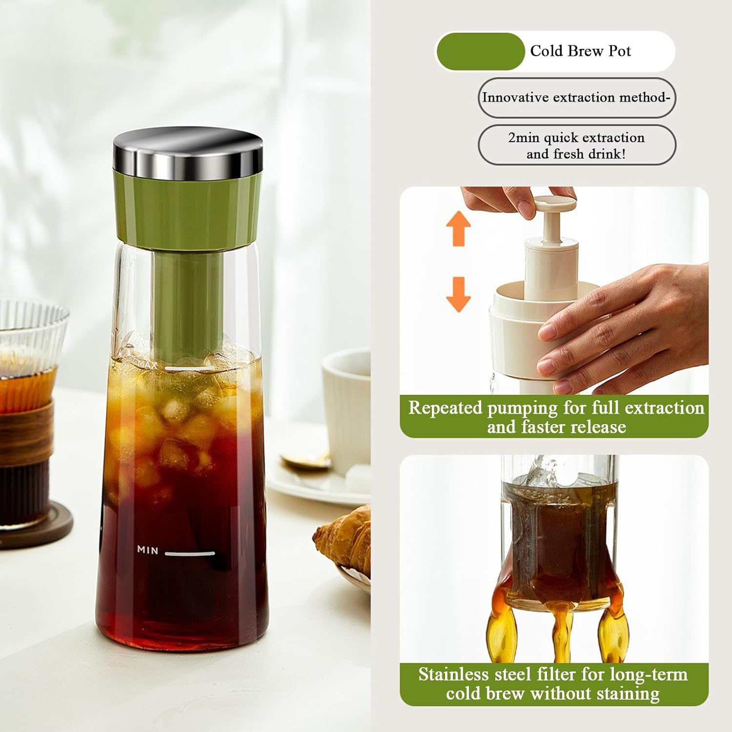 Cold Brew Coffee Pitcher,Cold Tea Brewer 750ml | Iced Coffee Pitcher Portable Water Pot for Workplace Daily Use Kitchen Cafe Outdoor Picnic Camping Backyard Family Men Women