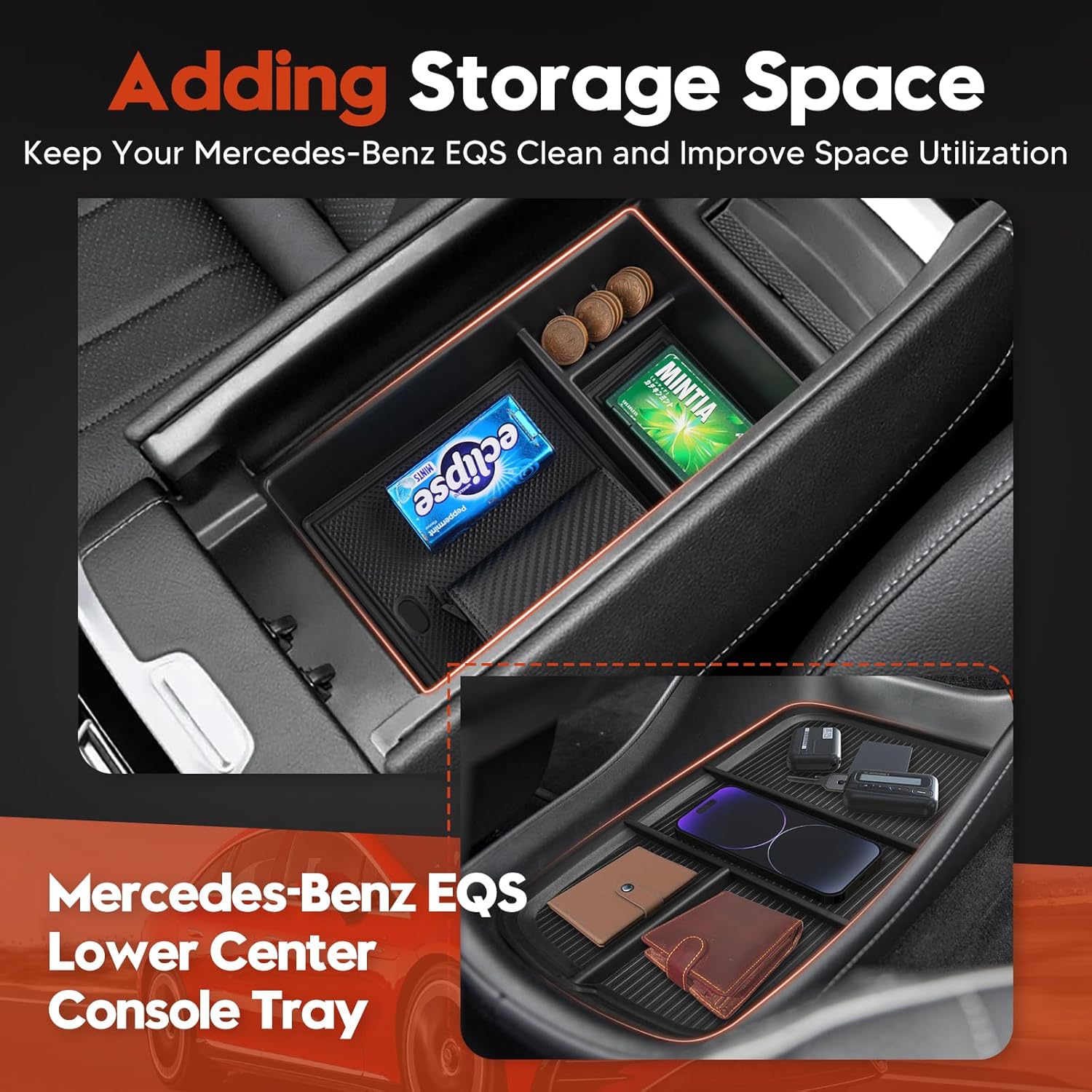 Sunsdrew 2025 Upgraded 2PCS Mercedes-Benz EQS Center Console Organizer&Lower Center Console Tray for 2023 2024 2025 Mercedes Benz EQS Interior Accessories Anti-Slip