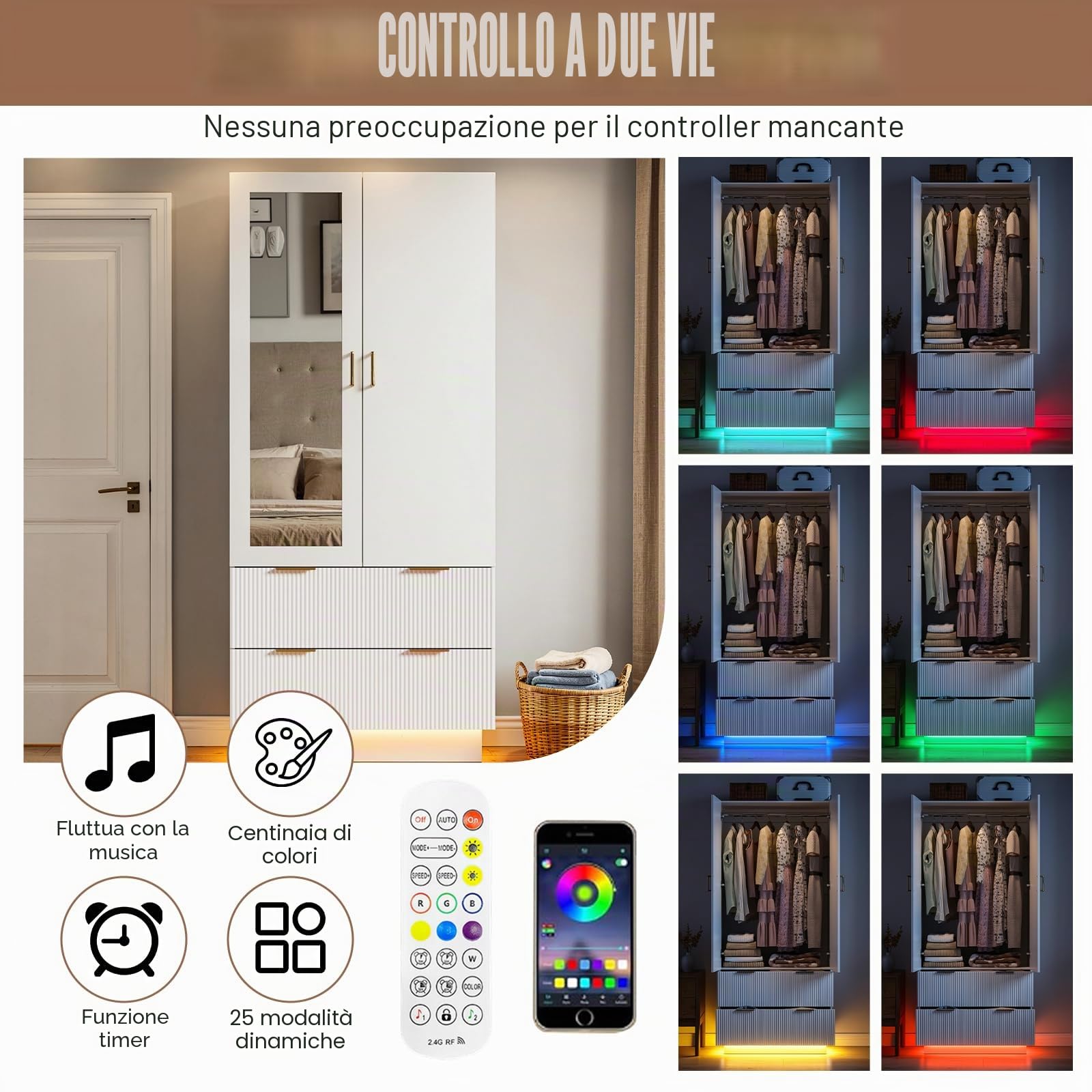 MSFE Armadio Camera da Letto, Armadio Guardaroba 2 Ante con Specchio,LED e 2 Cassetti, Armadio Contenitore, Salvaspazio, per Cameretta, Camera dei bambini, da ingresso|80x178x50cm (L/H/P)
