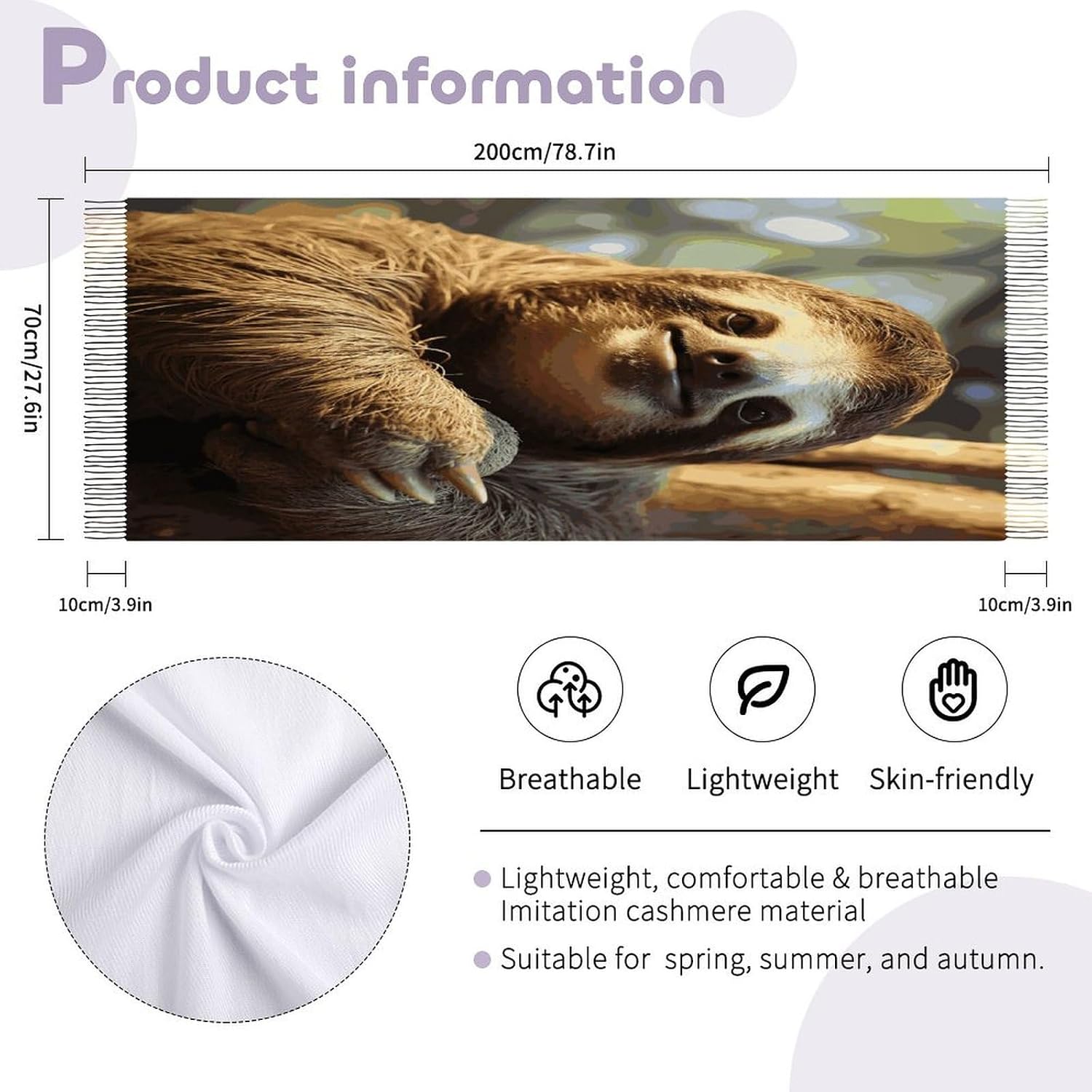 Funny Sloth Winter Scarf for Women Soft Tassel Scarves Oversized Wraps Long Shawl Cold Weather Thick Blanket Scarfs