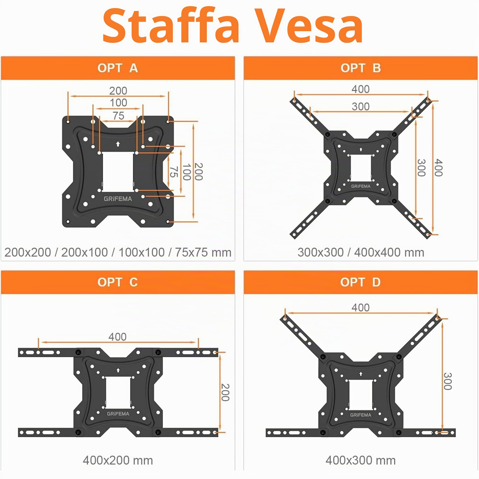YASTA Supporto Tv Parete per 14-55 Pollici Staffa TV Led Oled Braccio per Monitor a Muro a 2 Snodi Orientabile ed Estensibile VESA 75x75 100x100 200x200 300x300 400x400