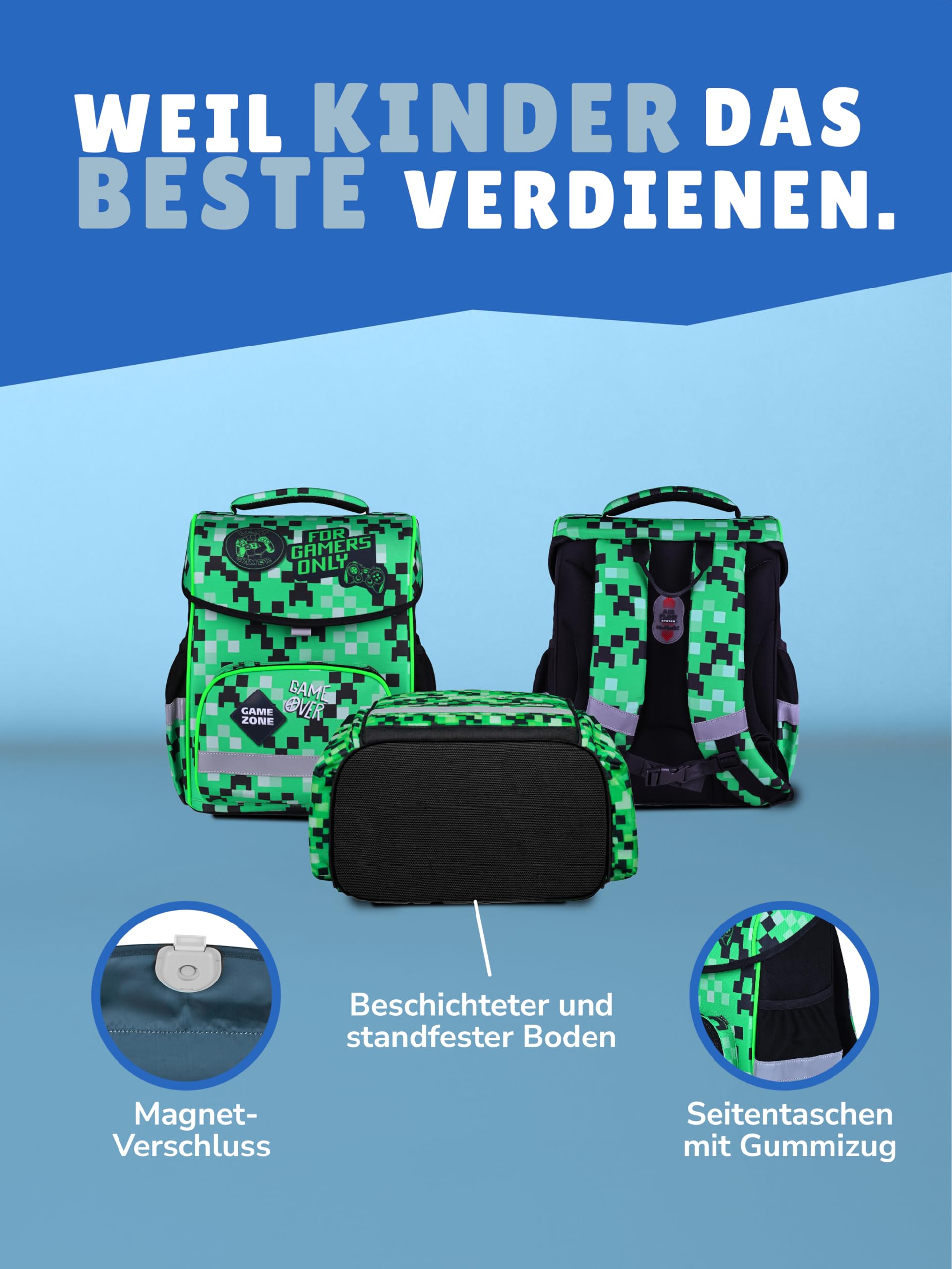 Familando - Basic Plus Schulranzen Set 10-teilig mit Schultüte - Playworld Gaming Pixel - Ergonomisch, stabil & mit gepolstertem Rücken - 850g leicht - 15L Volumen - Mit Reflektoren - Ab 1. Klasse