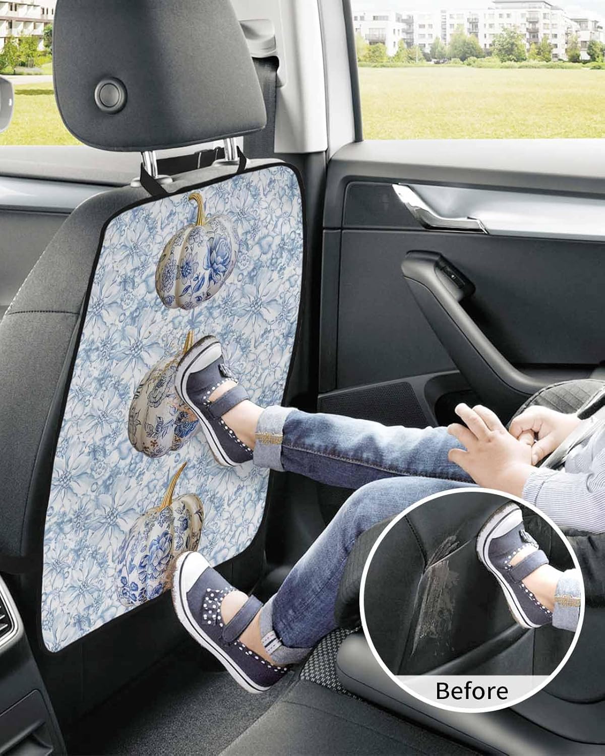 Car Seat Protector, 2 Pack Kick Mats Back Seat Protector Fall Thanksgiving Pumpkin with Blue White Porcelain Watercolor Floral Backseat Cover for Universal Fit Automotive Interior Protectors