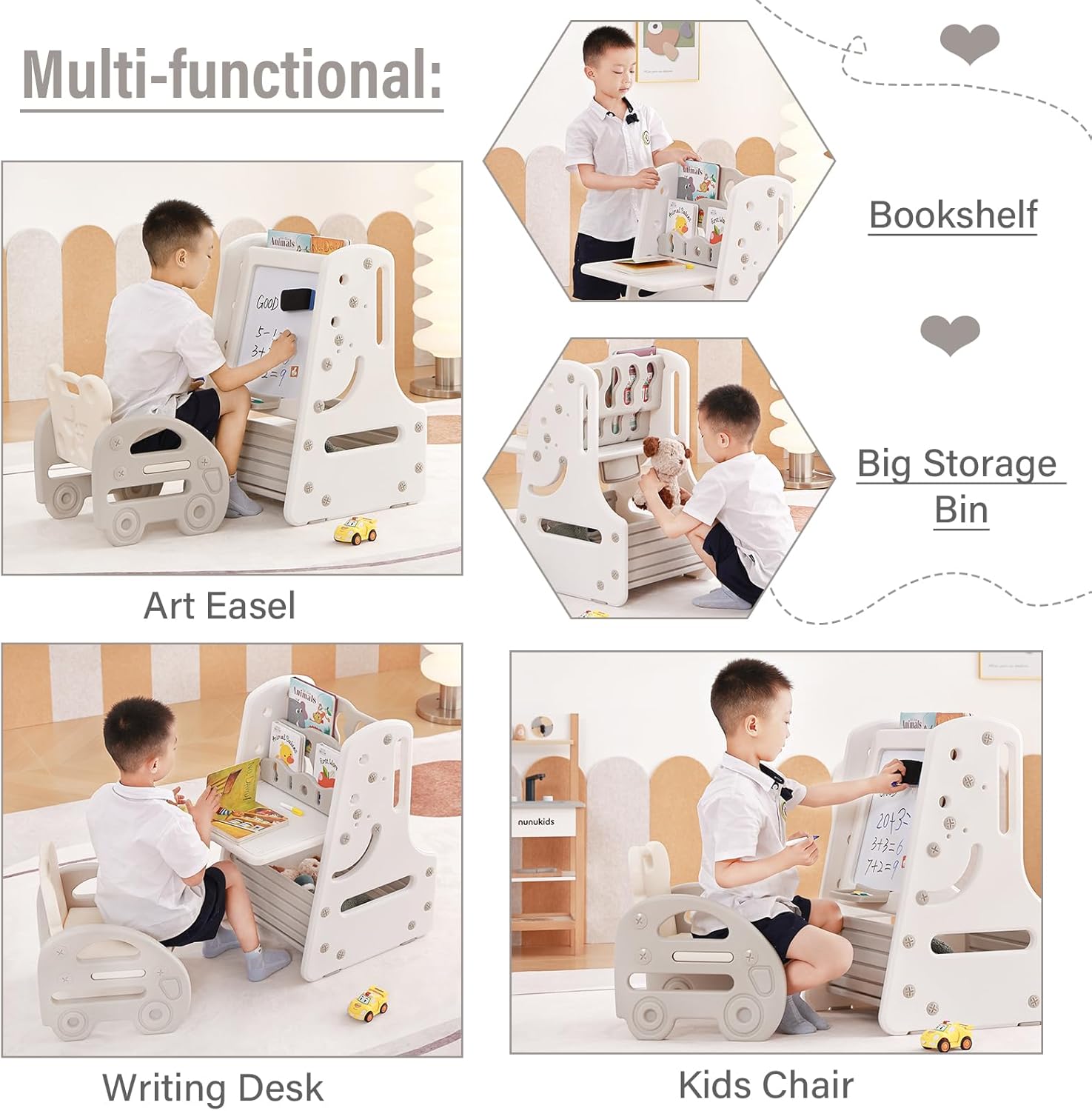 Tiita Kids Table and Chair Set, 3 in 1 Convertible Art Easel & Display Bookshelf w/Magnetic Painting Board, Bottom Storage Shelf, Standing Easel with Chairs, Grey