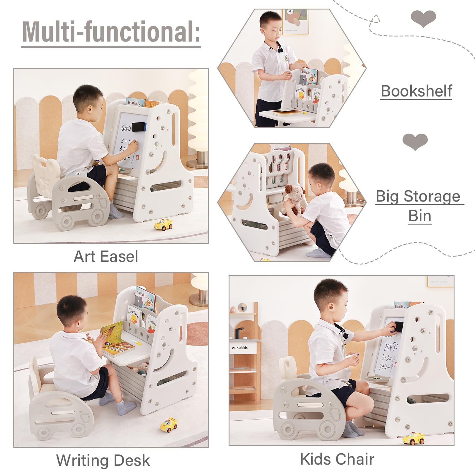 Juego de mesa y silla para niños, caballete de arte convertible 3 en 1 y estantería de exhibición con tablero de pintura magnético, estante de almacenamiento inferior, caballete de pie con 4