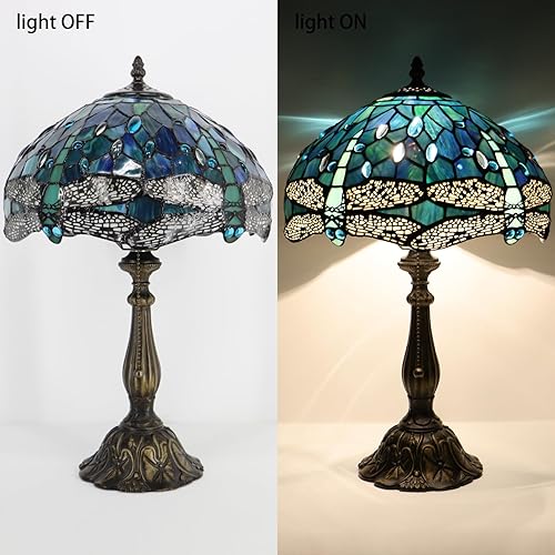 Miniatura 5 de Tiffany Lamp Stained Glass Table Lamp Bedside Reading Light W12H19 Inches (Sea Blue Dragonfly Style)
