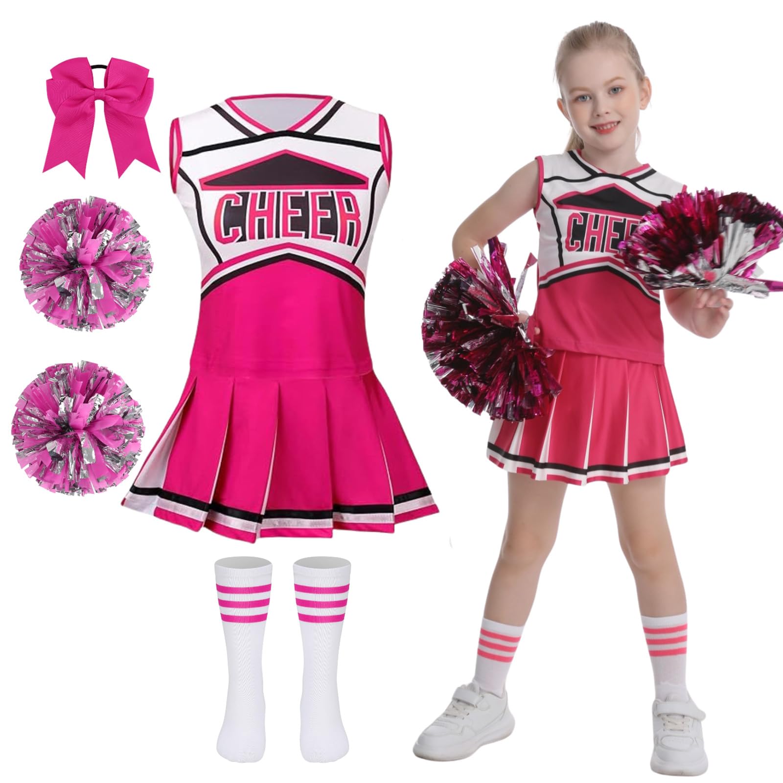 Girls Cheerleader Costume 5 PCS Classic Style Kids Cheerleader Outfit with Pull Ring Pom Poms, Top, Skirt, Socks and Headband for 2026 World Book Day Halloween School Events(Rose Red, 10-11Y )