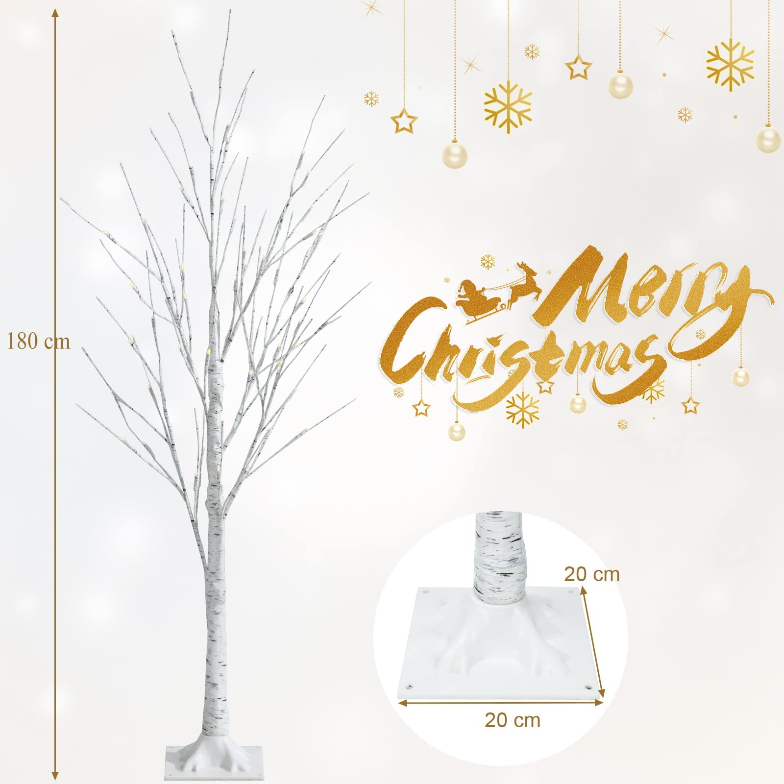 RELAX4LIFE Albero di Natale Nudo 180 cm con LED, Albero Realistico Con Rami Nudi senza Foglie in PVC, 96 Luci LED Bianco Caldo, Tronco Intero con Base di Radici per Feste, Bianco (180 cm)
