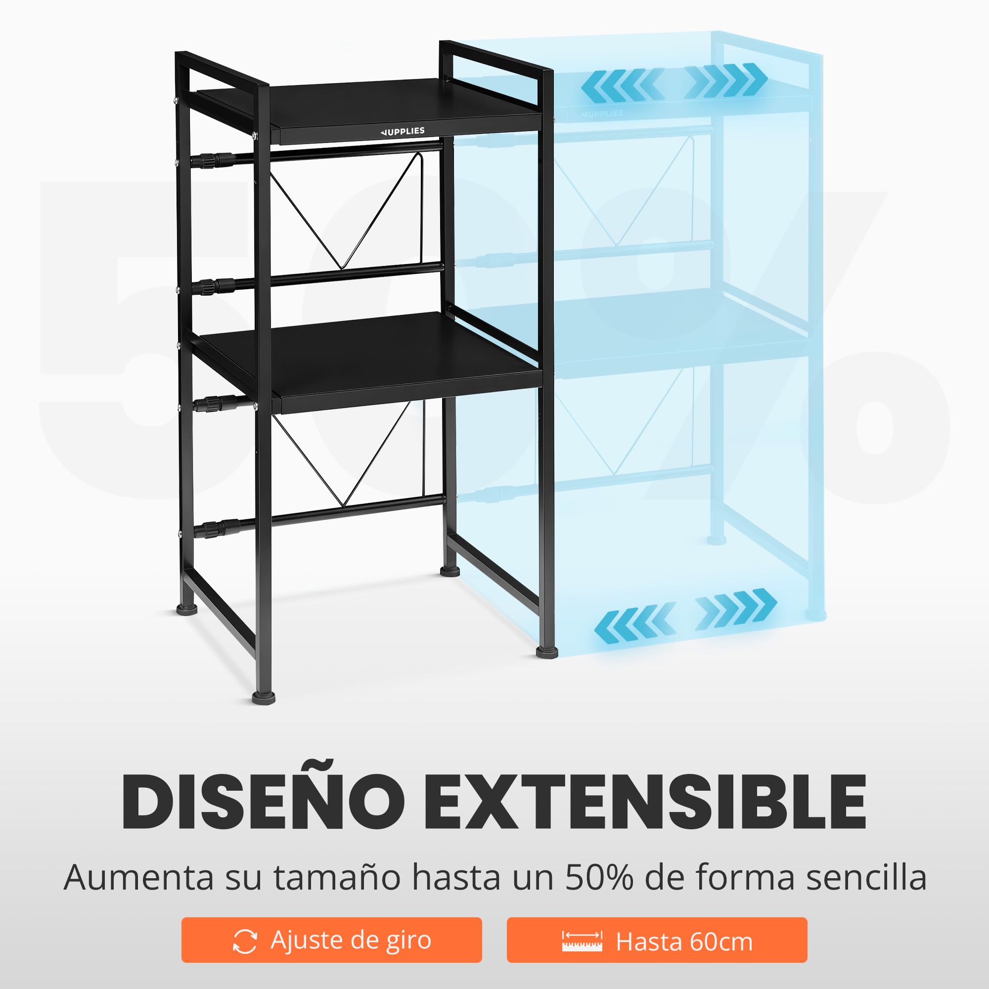 JUPPLIES Soporte Microondas 77,5×39×36,2 cm – Estantería Microondas Extensible 39–60 cm – Mueble Microondas Cocina de Acero Antióxido con 8 Ganchos – Estante Reforzado de Alta Capacidad para Encimera — view 4