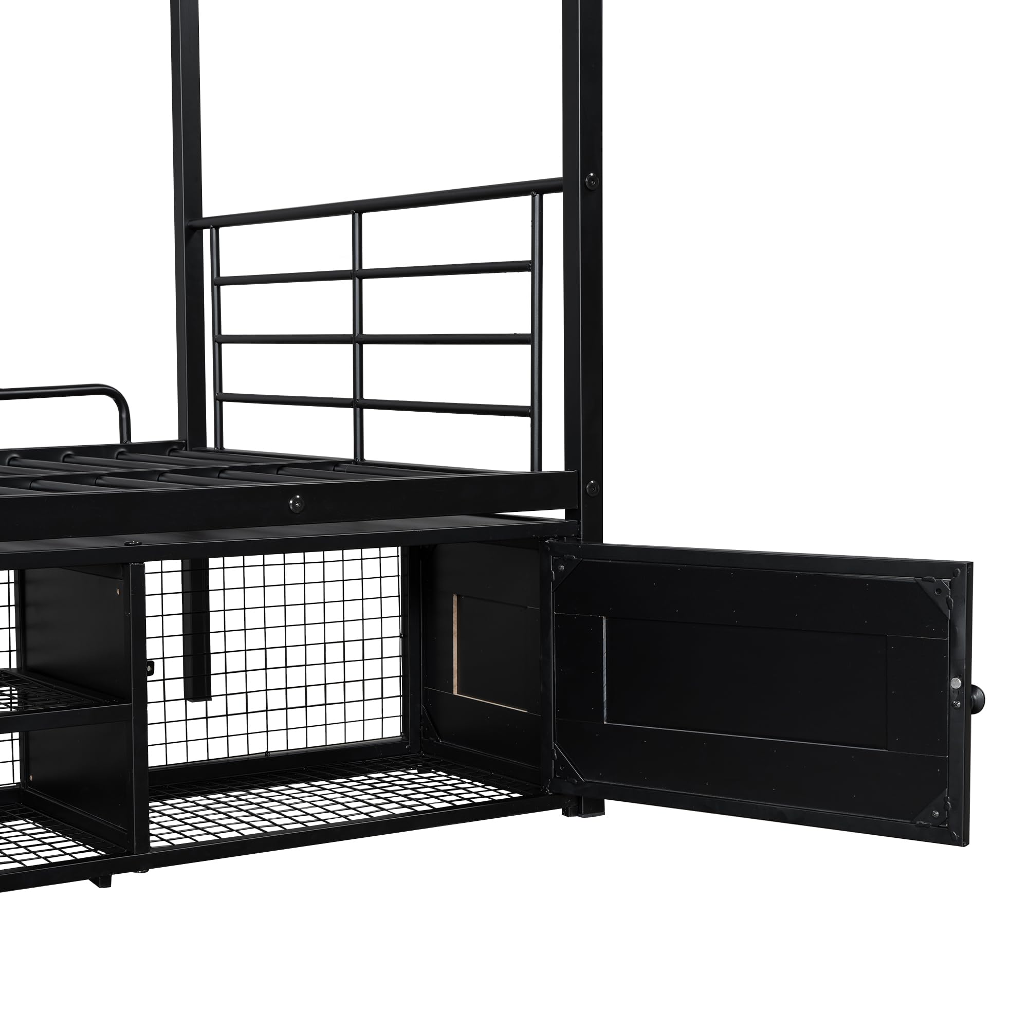 Cama con marco de hierro, 90 x 200 cm, litera, zapatero abierto, armario de almacenamiento pequeño de doble puerta, adecuado para niños y adolescentes, con escalera lateral, con rejilla anticaídas,