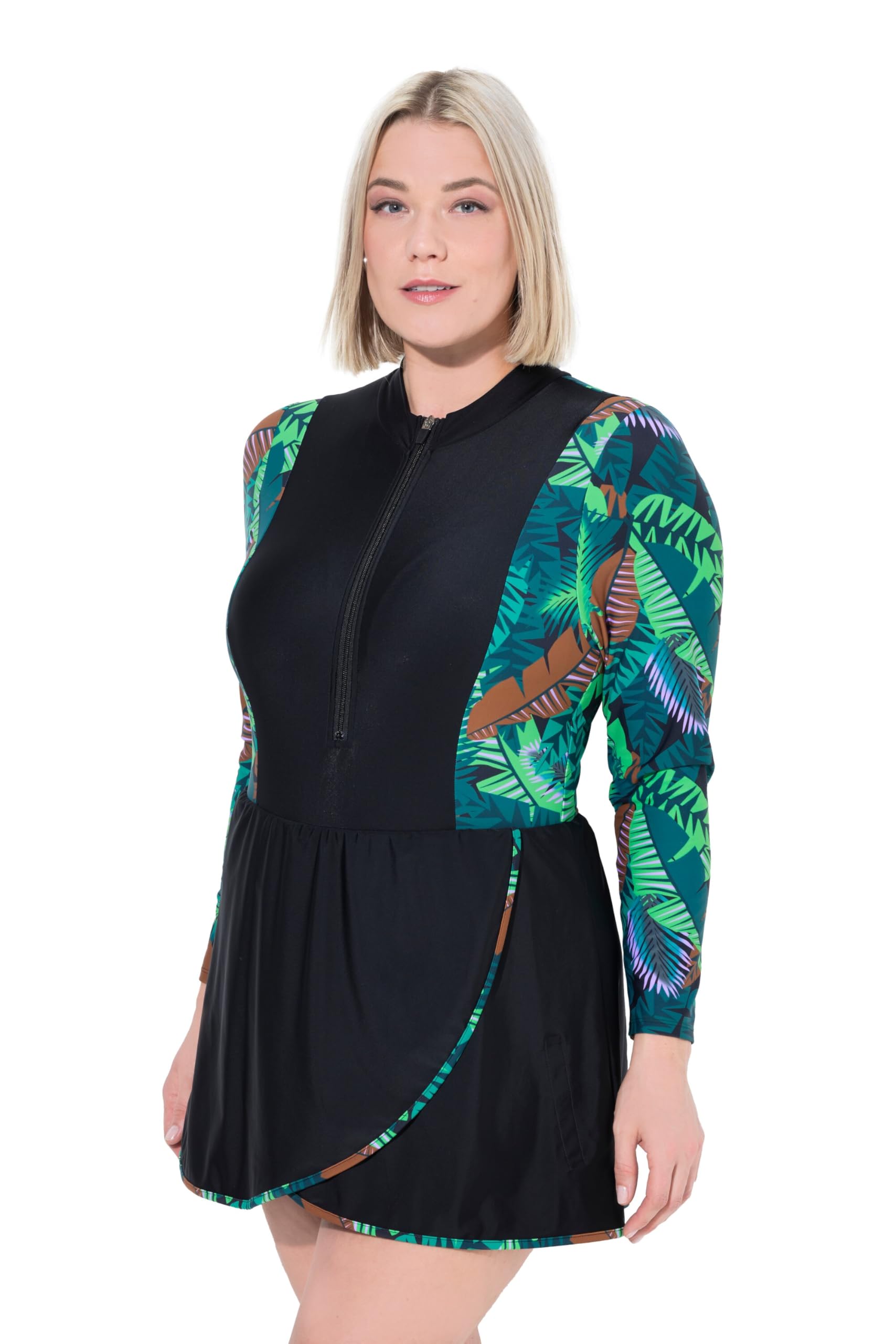 Ulla Popken Damen große Größen Übergrößen Plus Size Badekleid, Dschungel, Softcups, Stehkragen, Langarm 836452