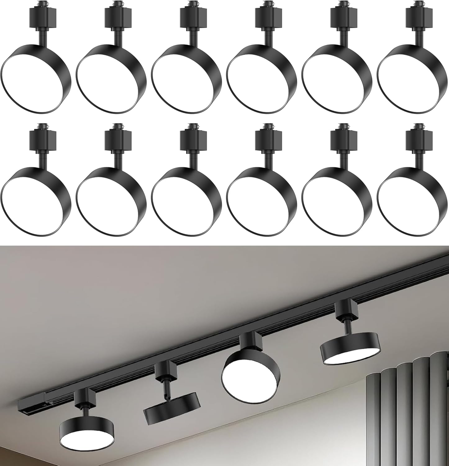 Diffuse LED Track Lighting Heads H Type Track Light Heads Dimmable Kitchen Track Lighting Fixtures Ceiling, Compatible with H Track Rails - Flicker Free CRI90+ 3000K 12W 1000lm, 12 Pack Black