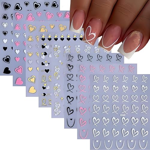 8 Sheets Heart Nail Art Stickers 3D Self Adhesive Gold
