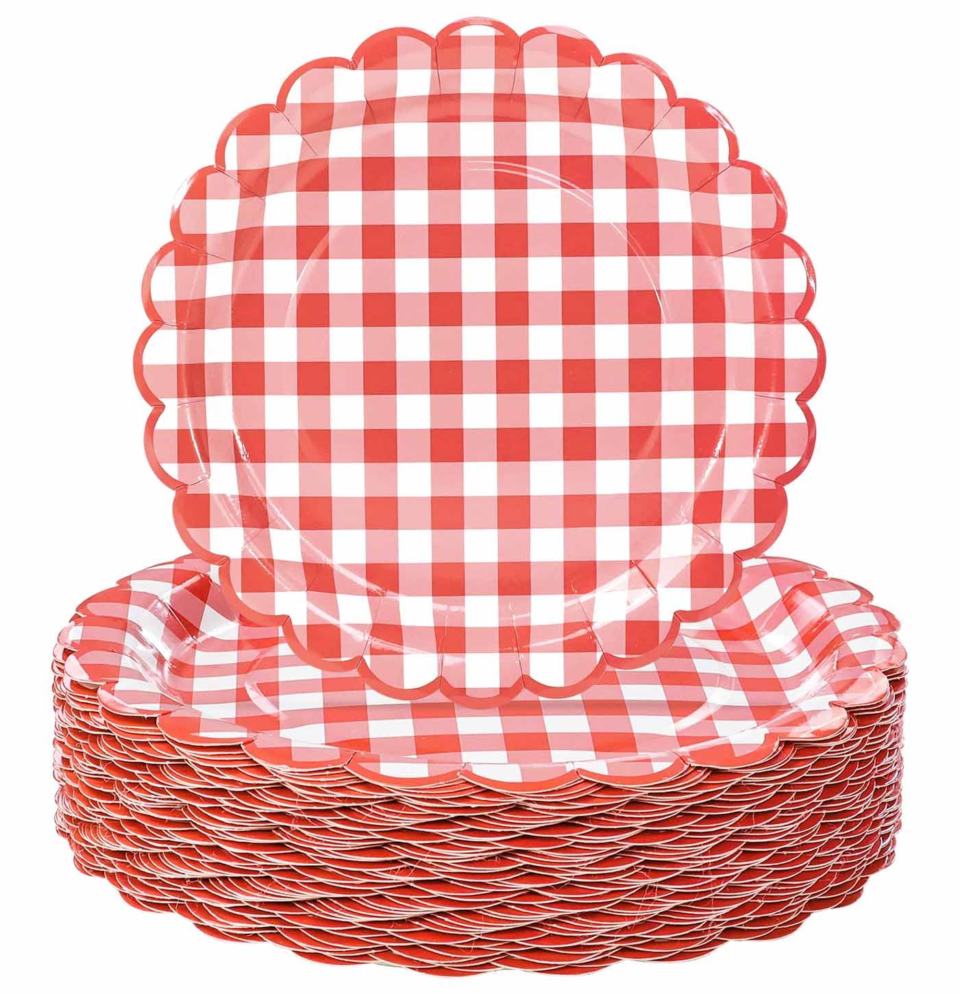 HEIPINIUYE 50 Stück rote Gingham-Pappteller, 17,8 cm, rot und weiß, gewellt, Einweg-Teller für Hochzeit, Babyparty, Geburtstagsparty, karierter Dessertteller