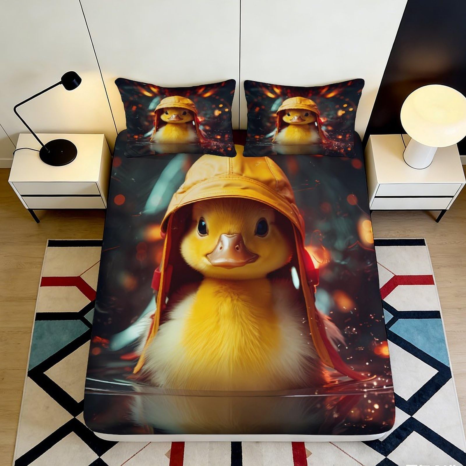 3D Printed Yellow Duck Pattern Fitted Sheet Microfiber Soft Breathable Cartoon Design Mattress Cover for Bedroom Dormitory Guest Room Mattress Protection 140x200x25cm