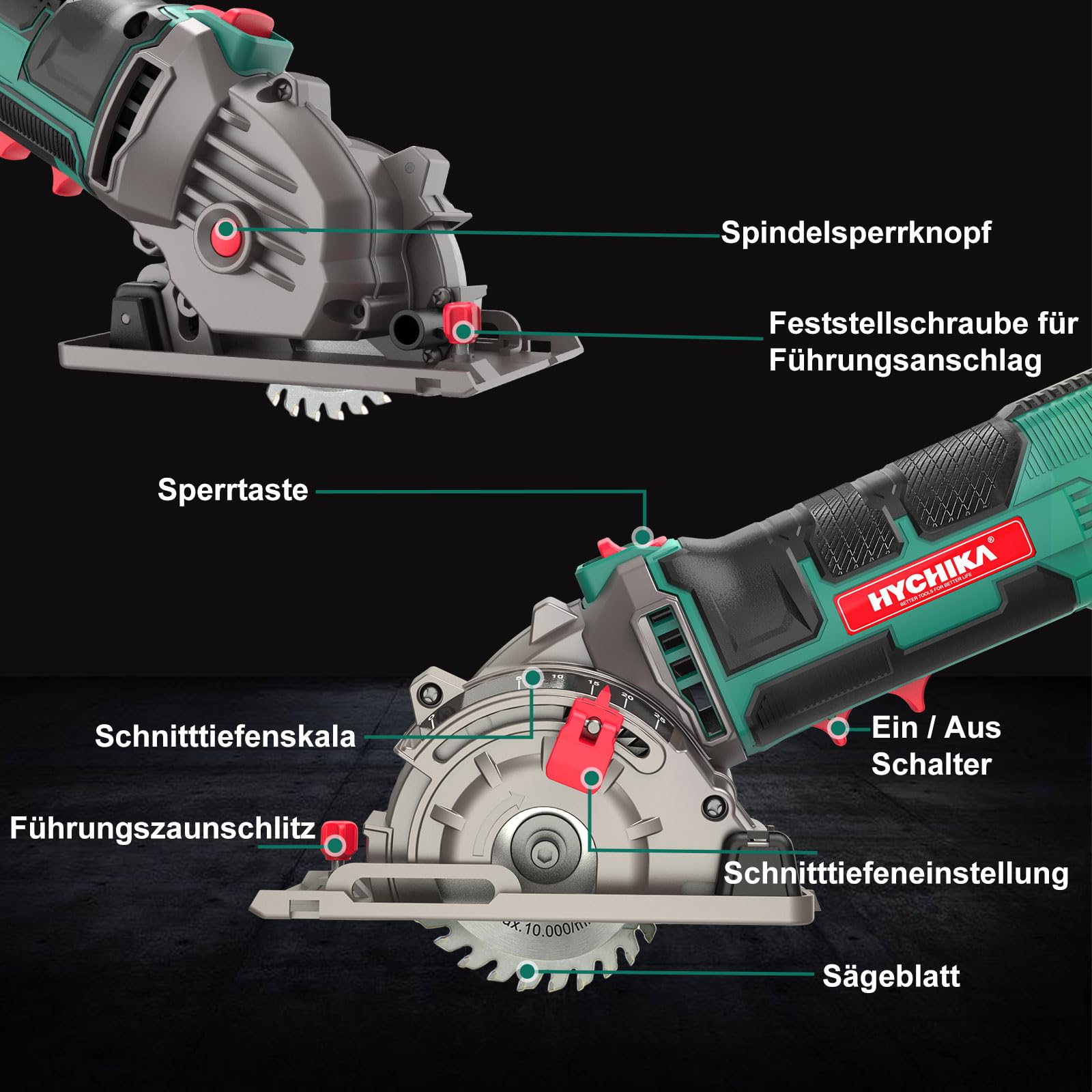 HYCHIKA Mini Kreissäge, Handkreissäge mit 3 Sägeblättern, Skalenlineal, 500W Motor aus reinem Kupfer, 4500RPM, Ideal für Holz-, Weichmetall-, Fliesen- und Kunststoffschnitte