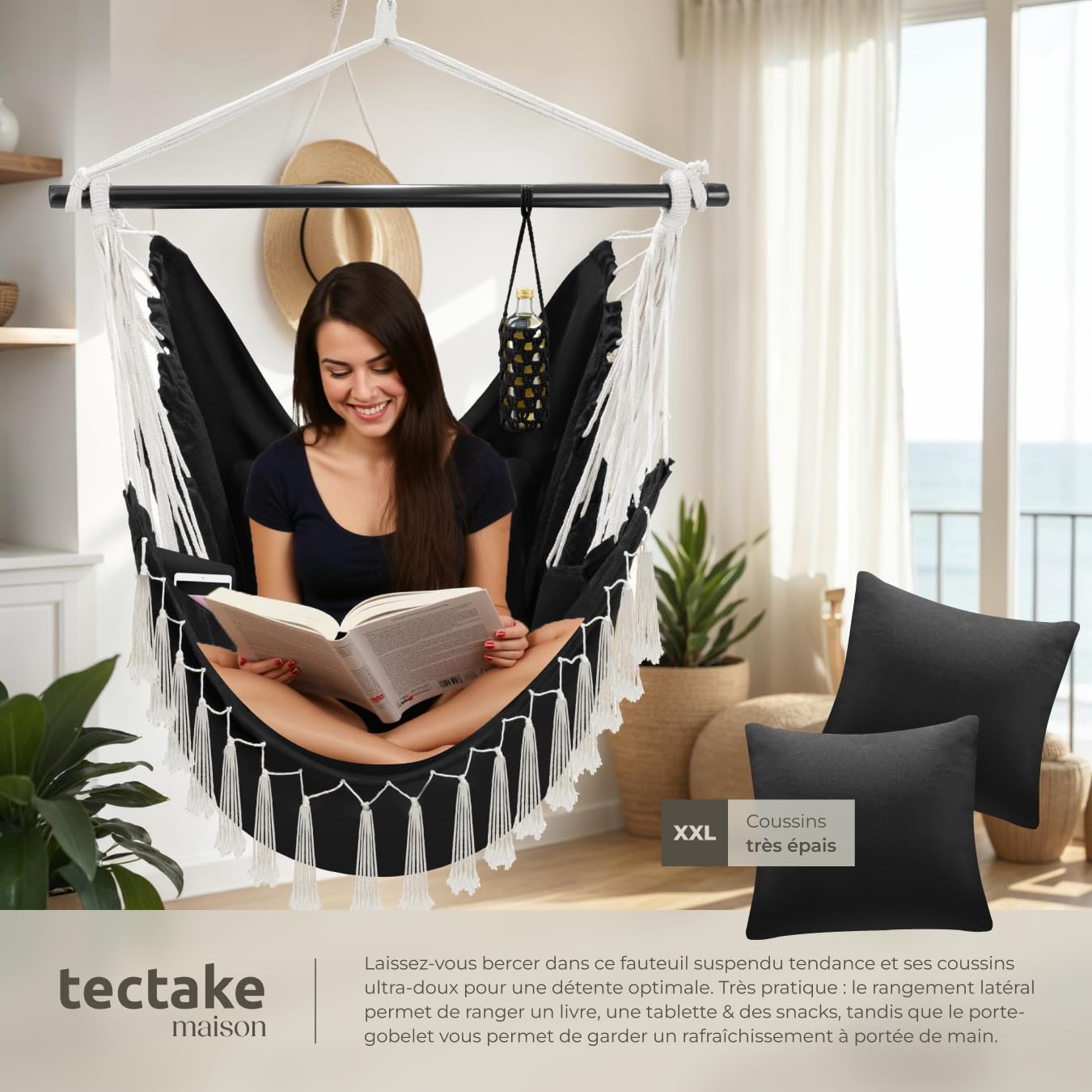 tectake® Fauteuil Suspendu Hamac Intérieur & extérieur, Fauteuil Relax, Fauteuil de Lecture 1 Place Balancelle, 2 Coussin Chaise Inclus Decoration Salon cocooning Jardin