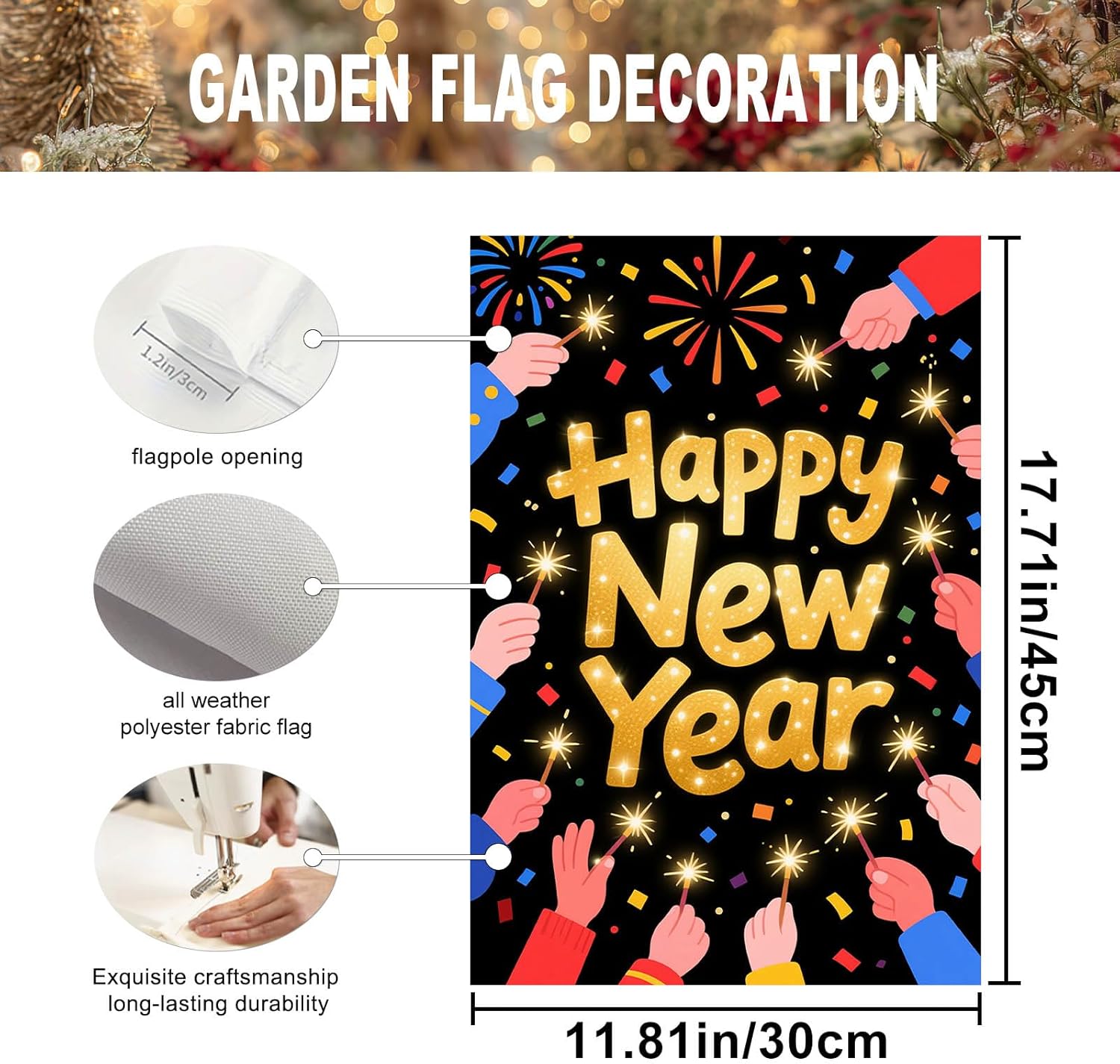 Happy New Year Garden Flag 12x18 Inch Confetti Banner Double Sided Flag Outdoor Yard Decoration with Sparklers for Home Lawn Porch House Seasonal Holiday Garden Flags Outdoor Decor - Image 4