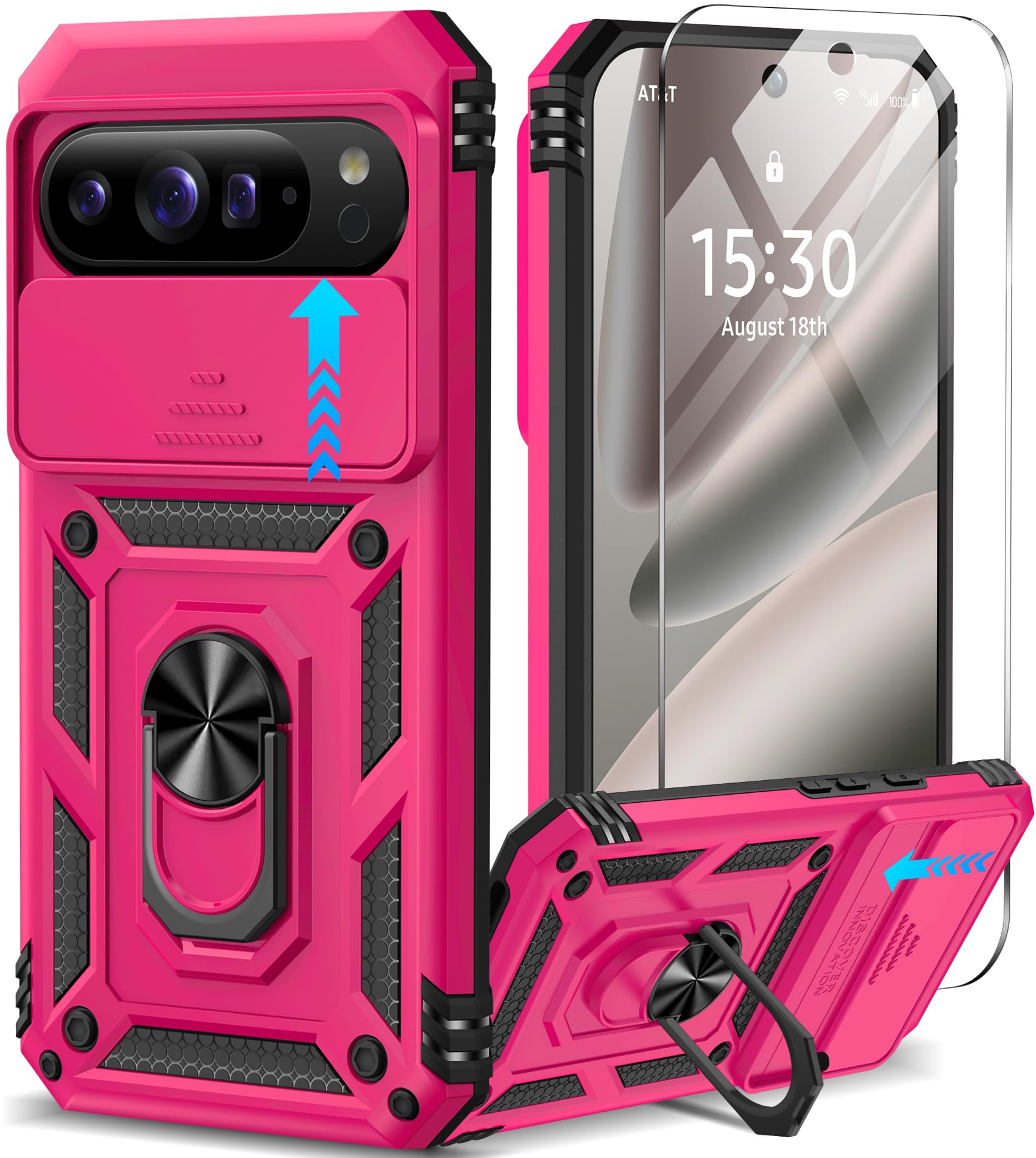 Taisairu for Google Pixel 10 Pro XL Case with Screen Protector & Slide Camera Lens Cover,Built-in 360°Rotate Magnetic Ring Stand Shockproof Protective