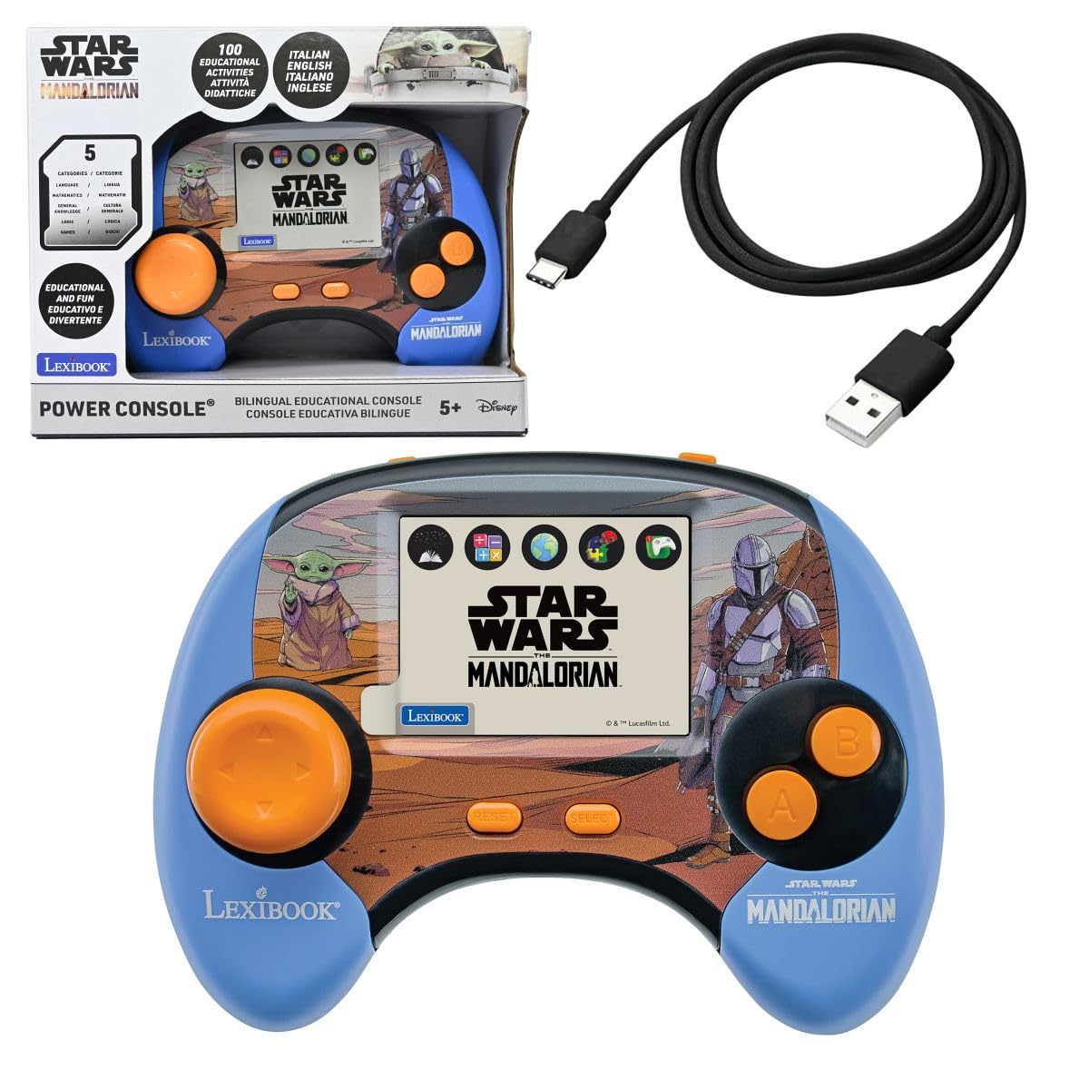 Lexibook, Star Wars JCG100SWi5LXB - Consola educativa portátil bilingüe, Pantalla LCD a Color de 2,8 Pulgadas, 100 Actividades, Italiano e inglés, batería Recargable, Azul/Naranja, JCG100SWi5LXB