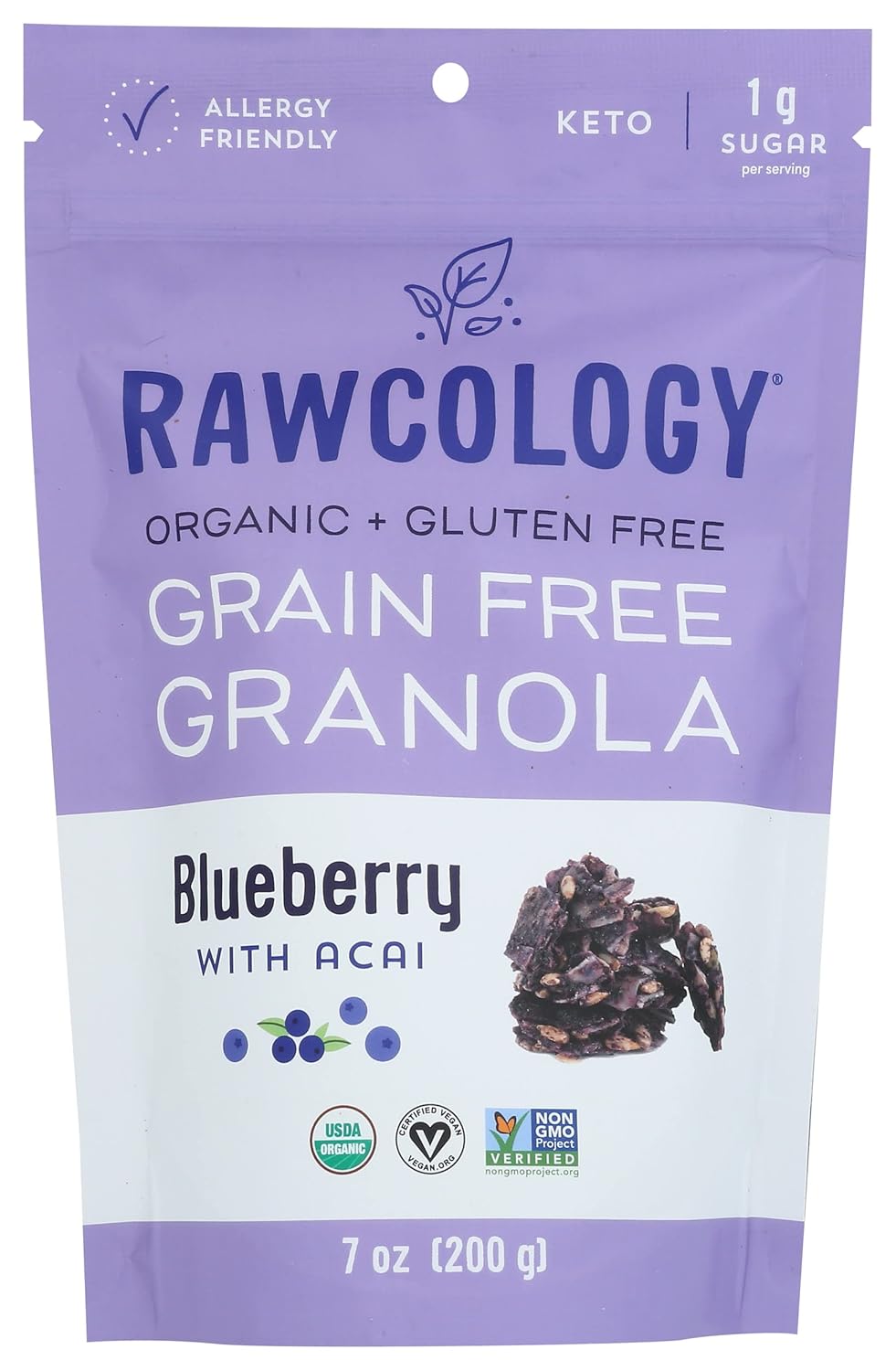 Rawcology Raw Crunch Granola, Blueberry with Acai, USDA Certified Organic, Vegan, Nut Free, Dairy Free, Soy Free, Gluten Free & Non-GMO, 7 Ounce (Pack of 6)