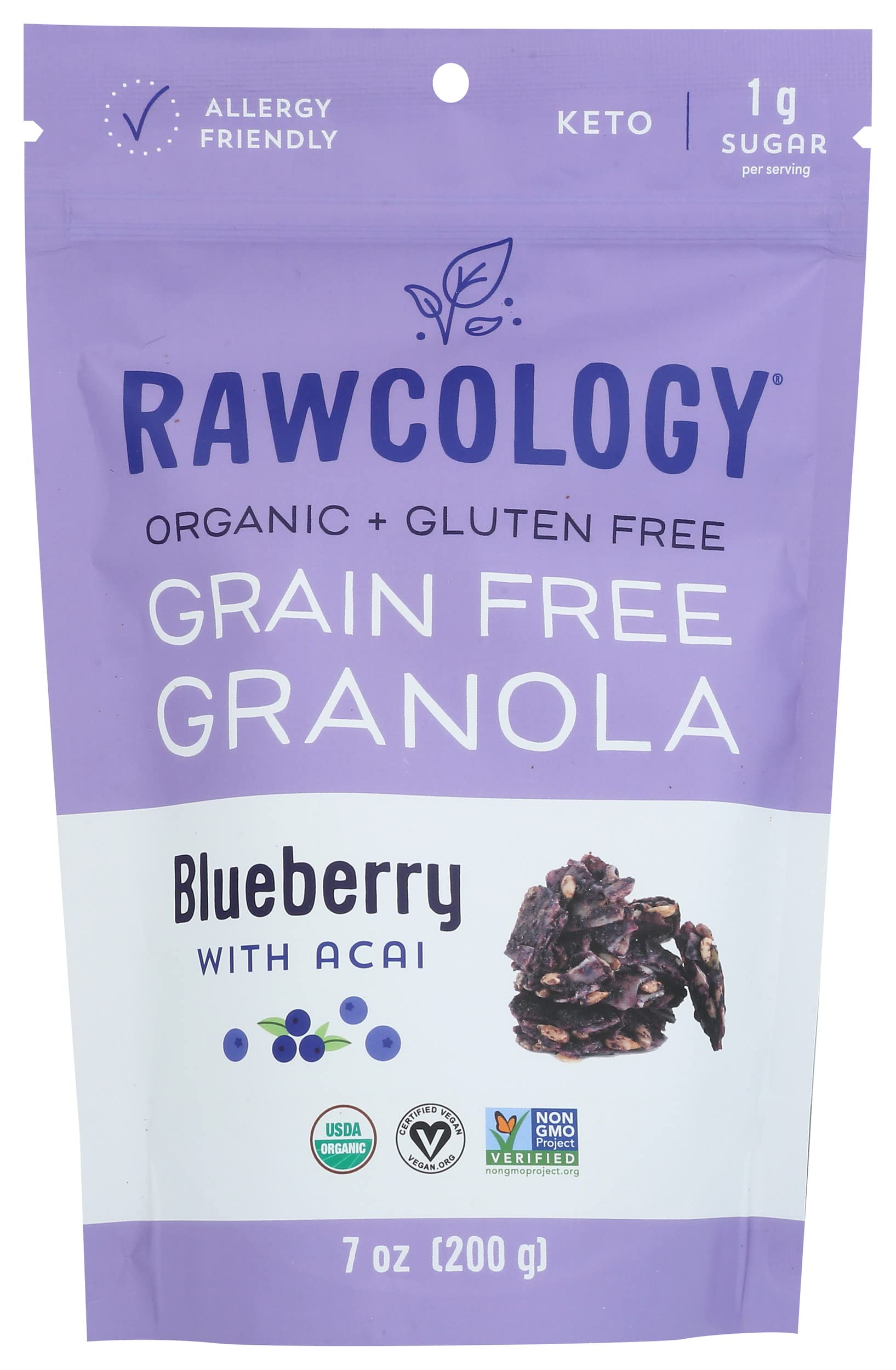 Rawcology Raw Crunch Granola, Blueberry with Acai, USDA Certified Organic, Vegan, Nut Free, Dairy Free, Soy Free, Gluten Free & Non-GMO, 7 Ounce (Pack