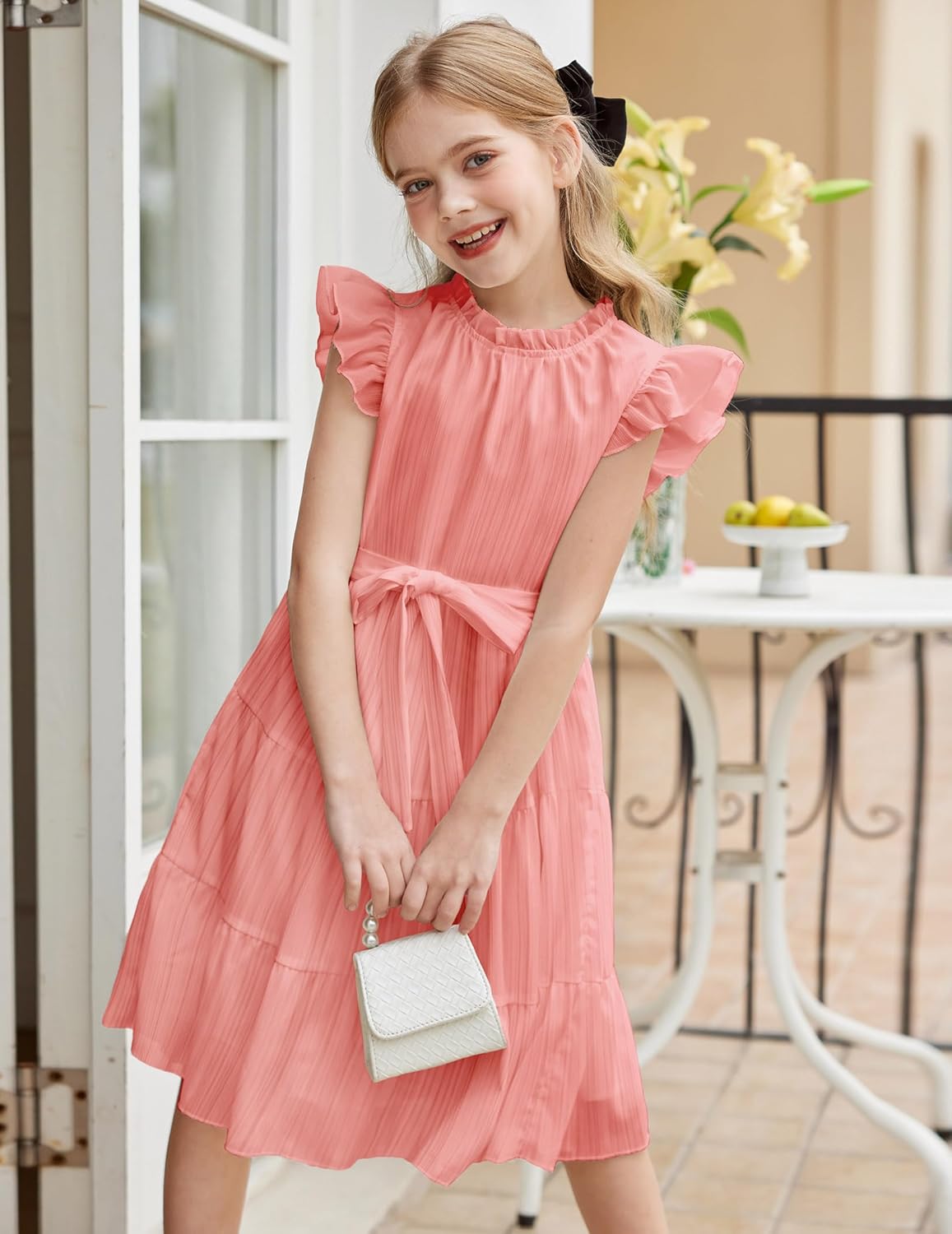 Arshiner Tween Girls Summer Dress Formal Ruffle Sleeve A Line Casual Elegant Dresses with Belt - Image 3