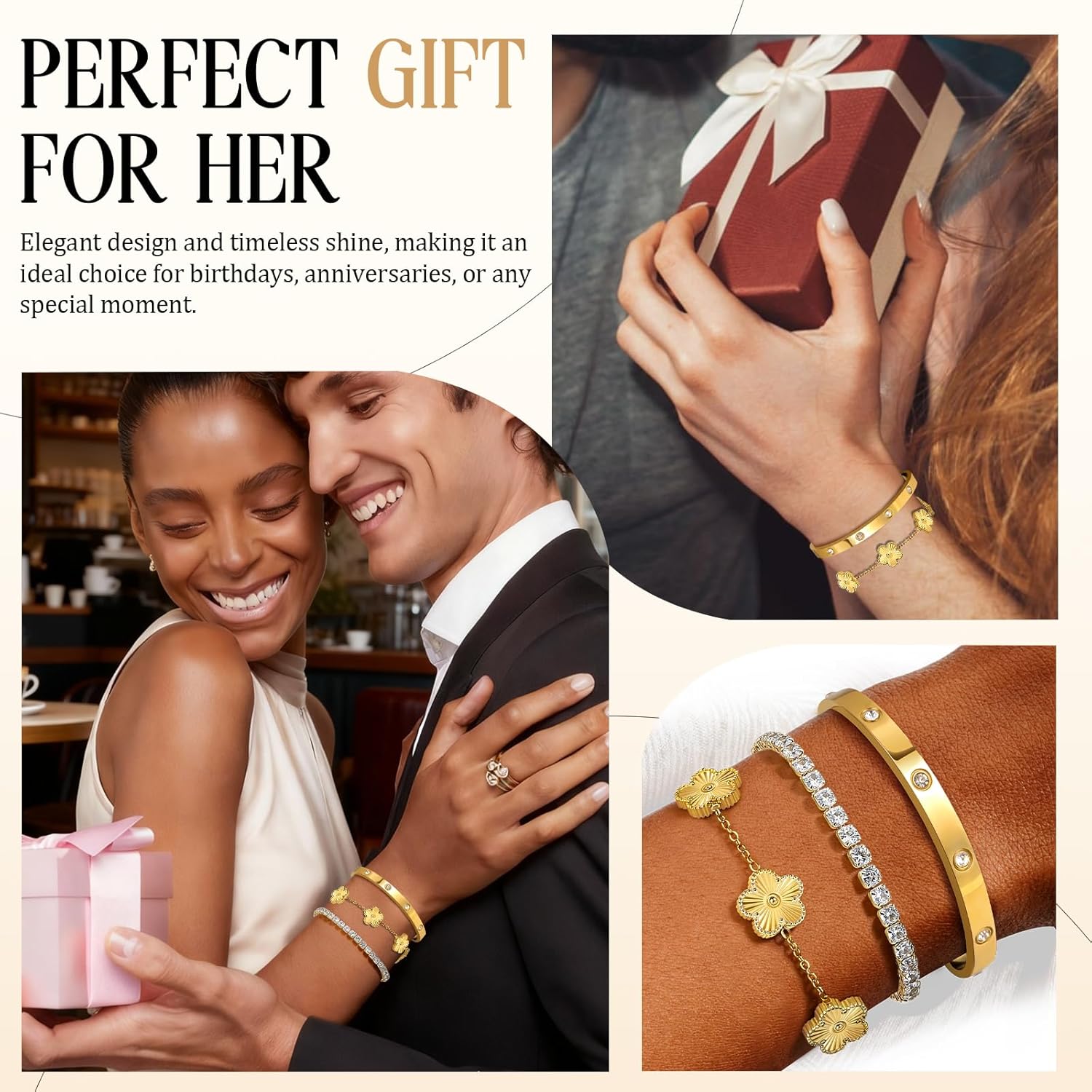 Gold Bracelets for Women, 18K Gold Plated Tennis Nail Clover love Bangle Bracelets Set Non Tarnish, Stainless Steel Trendy Stackable Bracelet Fashion Jewelry Accessories Gifts for Christmas - Image 6