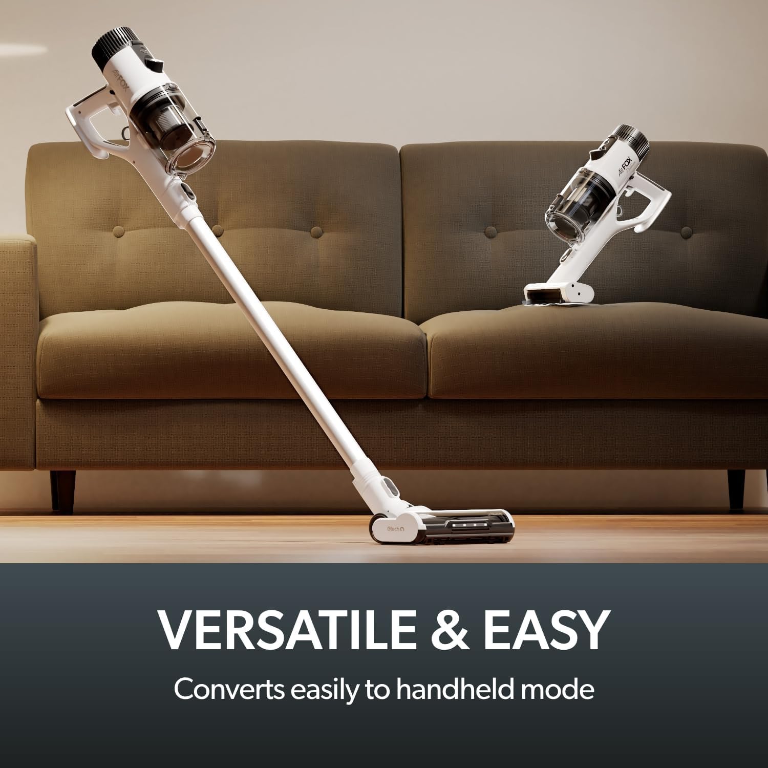 Gtech AirFOX Platinum in upright and handheld modes, demonstrating its versatility for different cleaning tasks.