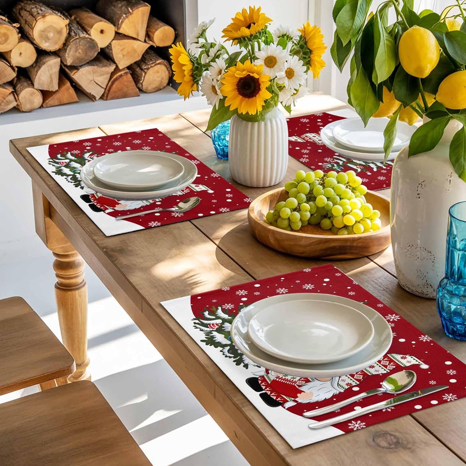 Christmas Table Mats for Dining Kitchen Table,Placemats Set of 4,Santa Claus Cute Gnomes with Pine Tree Snowflake Red Washable Placemat for Outdoor Home Party Office Decor, 13x19 Inch