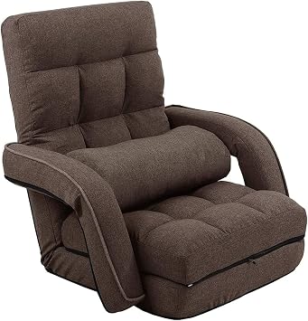 14-Position Adjustable Floor Chair, Chaise Lounge Indoor, Folding Lazy Sofa with Armrests and a Pillow Padded Adults Gaming Chairs for Living Room, Bedroom Factory Price Brown 8803CO