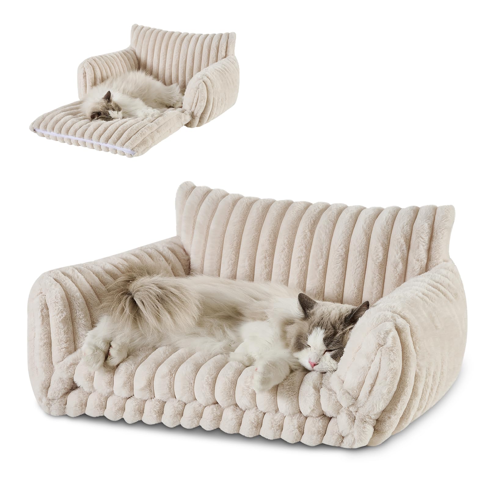 Hollypet Cat Bed Fluffy Plush Mutifuctional Double-Layer Soft Pet Couch Orthopedic Sofa Nest Beds for Small Cats and Dogs, Cream (25x20x13 inch)