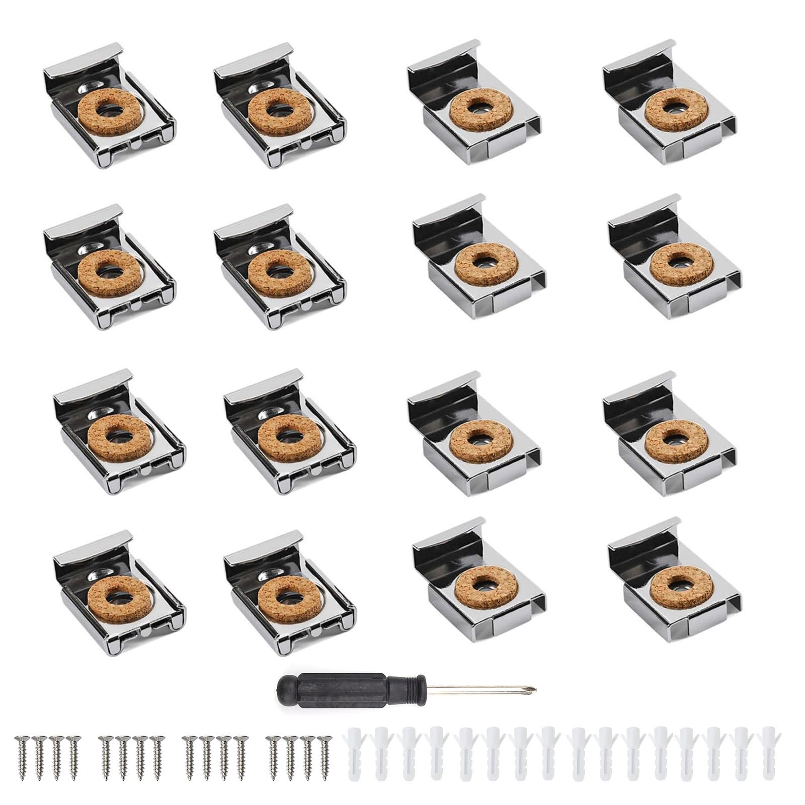 16 Pezzi Reggi Specchio, Senza Cornice Supporto per Specchio, Caricato a Molla Supporto Vetro Clip, con Perni e Viti in Argento, per Specchi Pesanti, Vetro