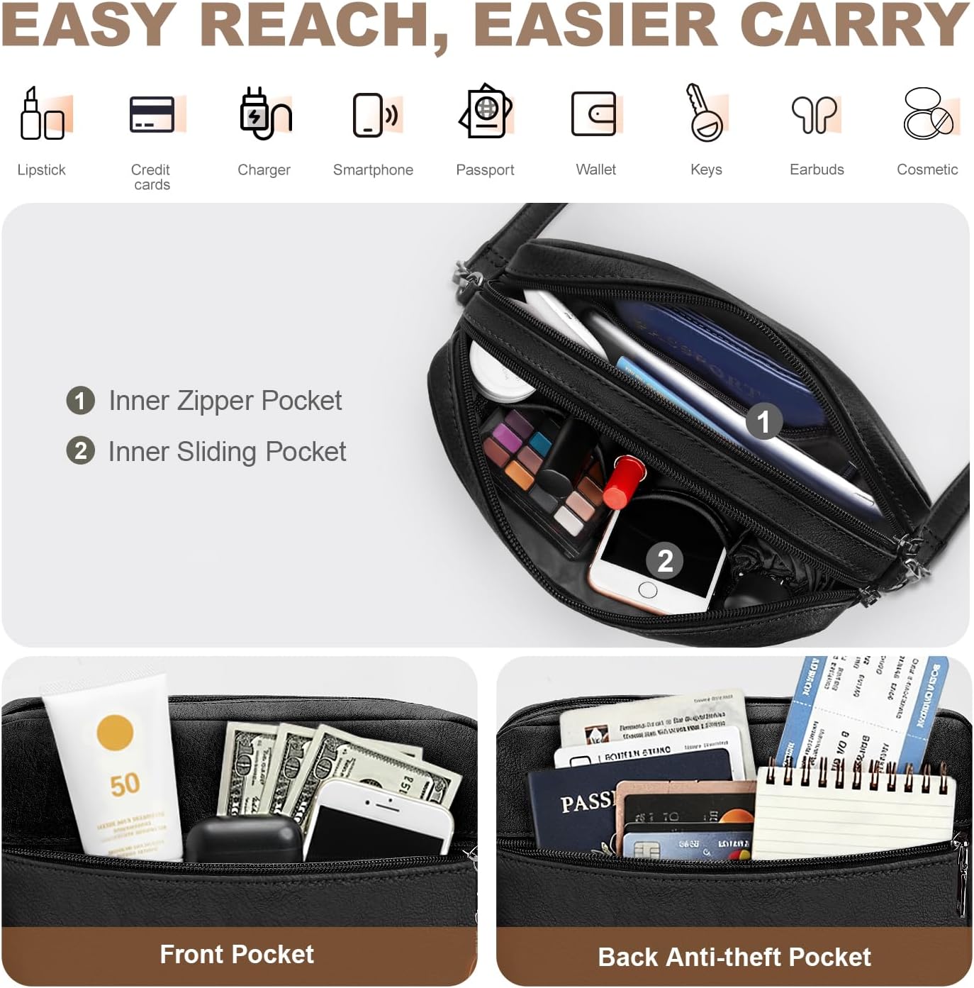 Crossbody Bags for Women, Lightweight Medium Crossbody Purse, Soft Leather Purses for Women Shoulder Handbags - Image 4