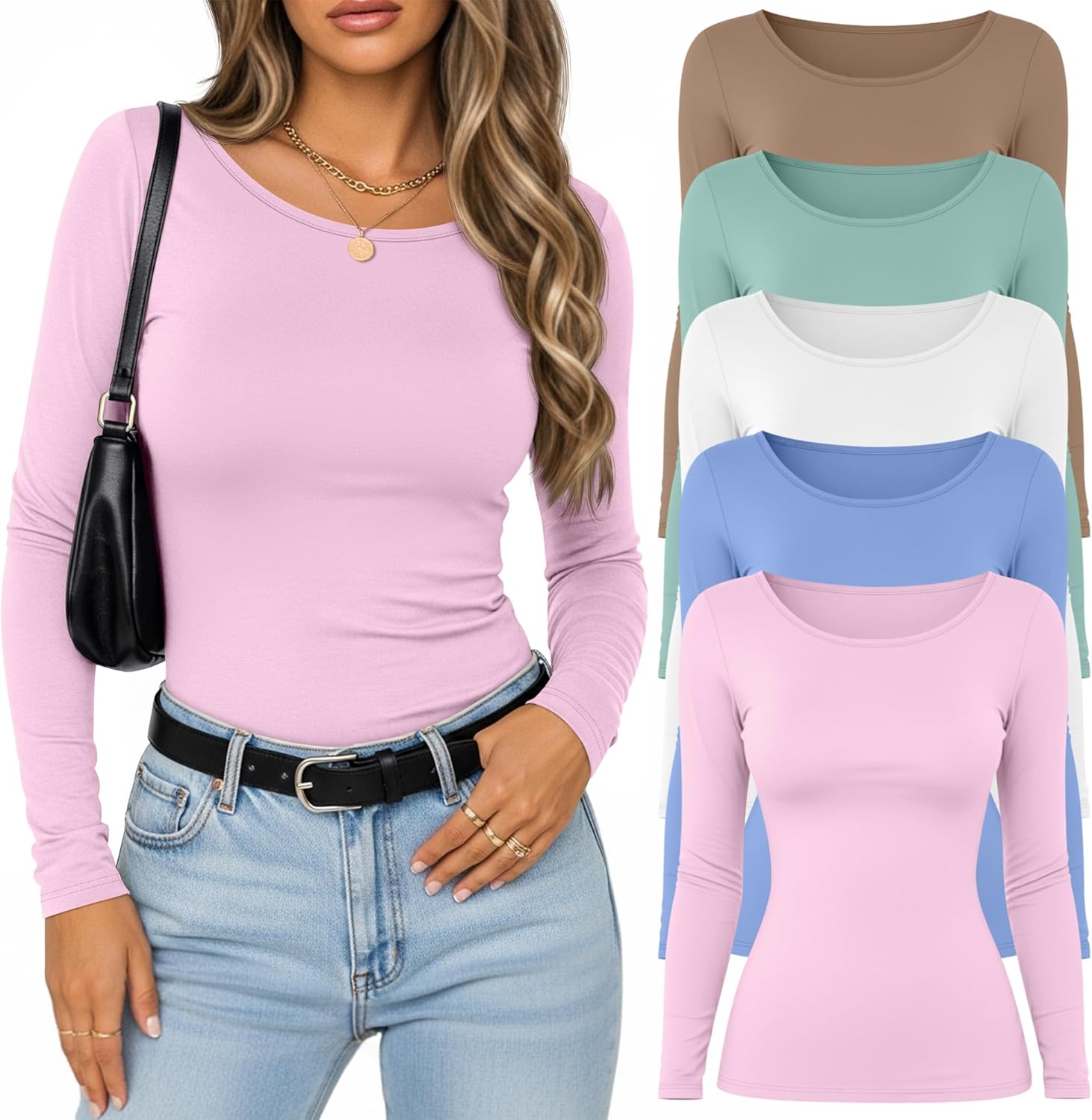 Velvelhall 5 Pack Women's Long Sleeve Shirts Scoop Neck Tops Slim Fit Stretchy Undershirts Casual Base Layer Multipack