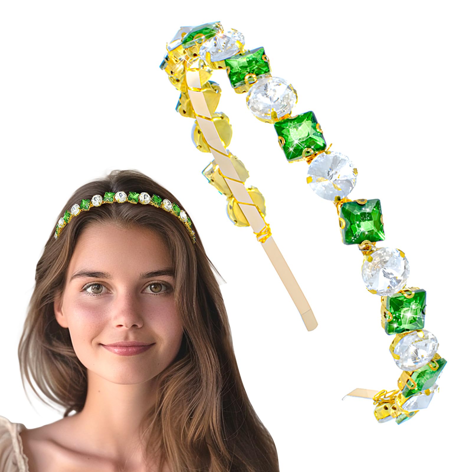 Flayem Rhinestone Headband Sparkling Headwear for Women (white+green)