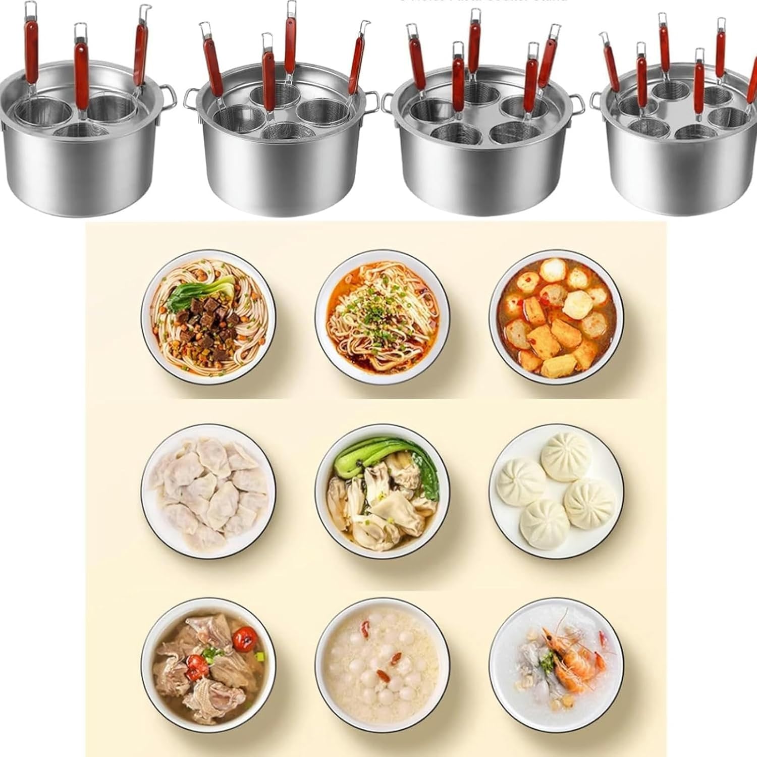 XENITE Stainless Steel Pasta Cooker Insert Set, 3/4/5/6 Holes Commercial Stock Pot with Insert Strainer Steamer Basket for Home Kitchen Restaurant (Color : 5 Holes)