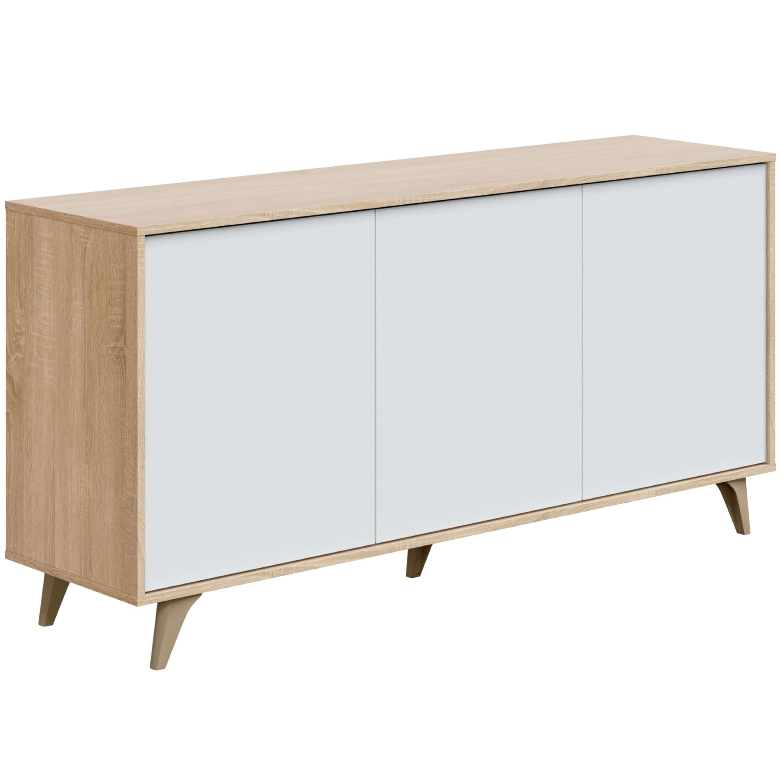 Habitdesign Aparador 3 Puertas, Bueffet para salón, Armario Auxiliar, Modelo Kikua Plus, Acabado en Blanco Artik y Roble Canadian, Medidas: 154 cm (Ancho) x 75 cm (Alto) x 40 cm (Fondo)