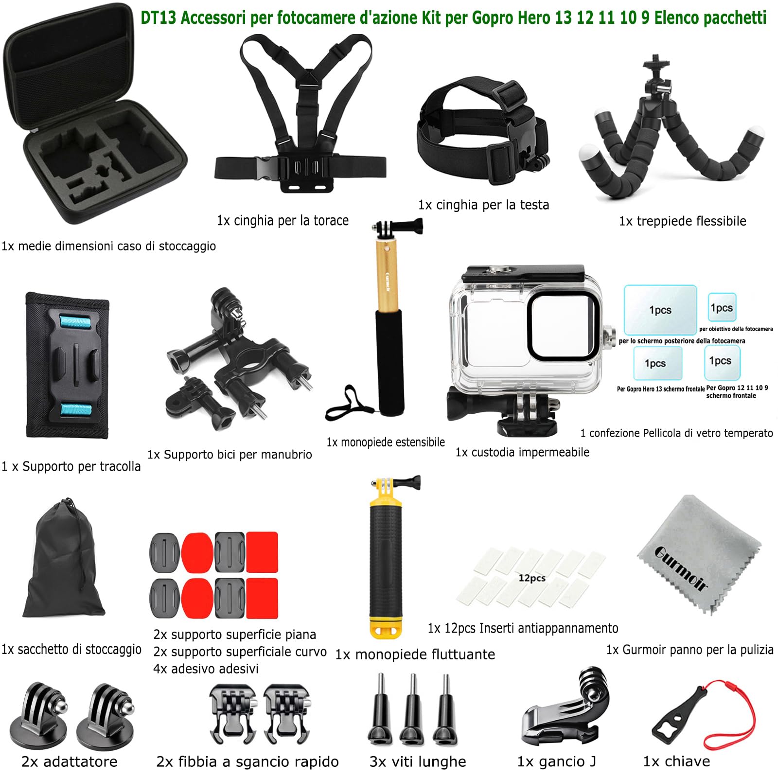 Kit di accessori per Gopro Hero13/Hero12/Hero11/Hero10/Hero9 Black, Custodia impermeabile Impugnatura Galleggiante Compatibile con Go Pro 13 12 11 10 9 camera(DT13)