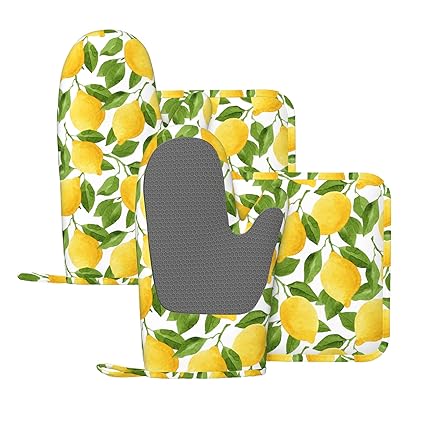 NELife Lemon Oven Mitts and Pot Holders Sets of 4,Resistant Hot Pads with Silicone Non-Slip BBQ Gloves for Kitchen,Cooking,Baking,Grilling
