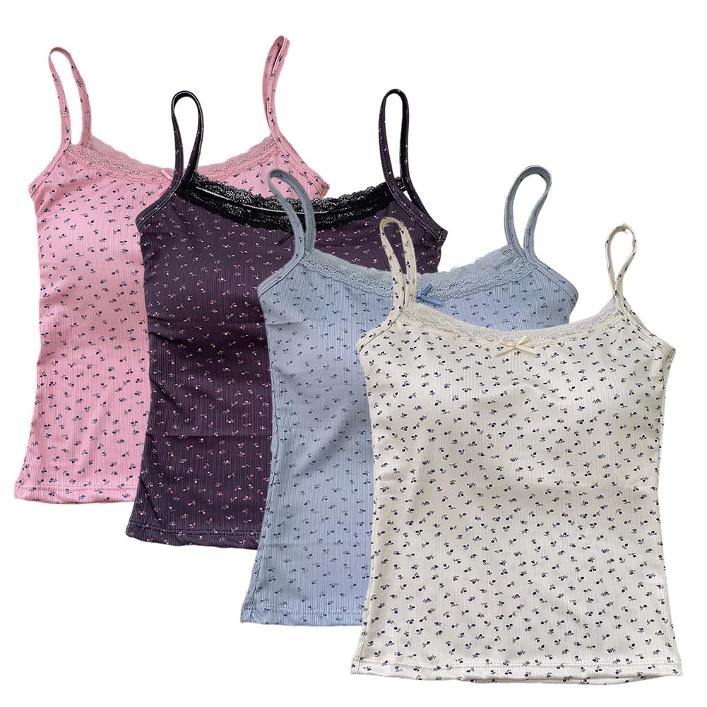 Lot De 4 Débardeurs Fille – Nœuds Et Dentelle / Imprimé Floral – 95% Coton – Tailles Filles