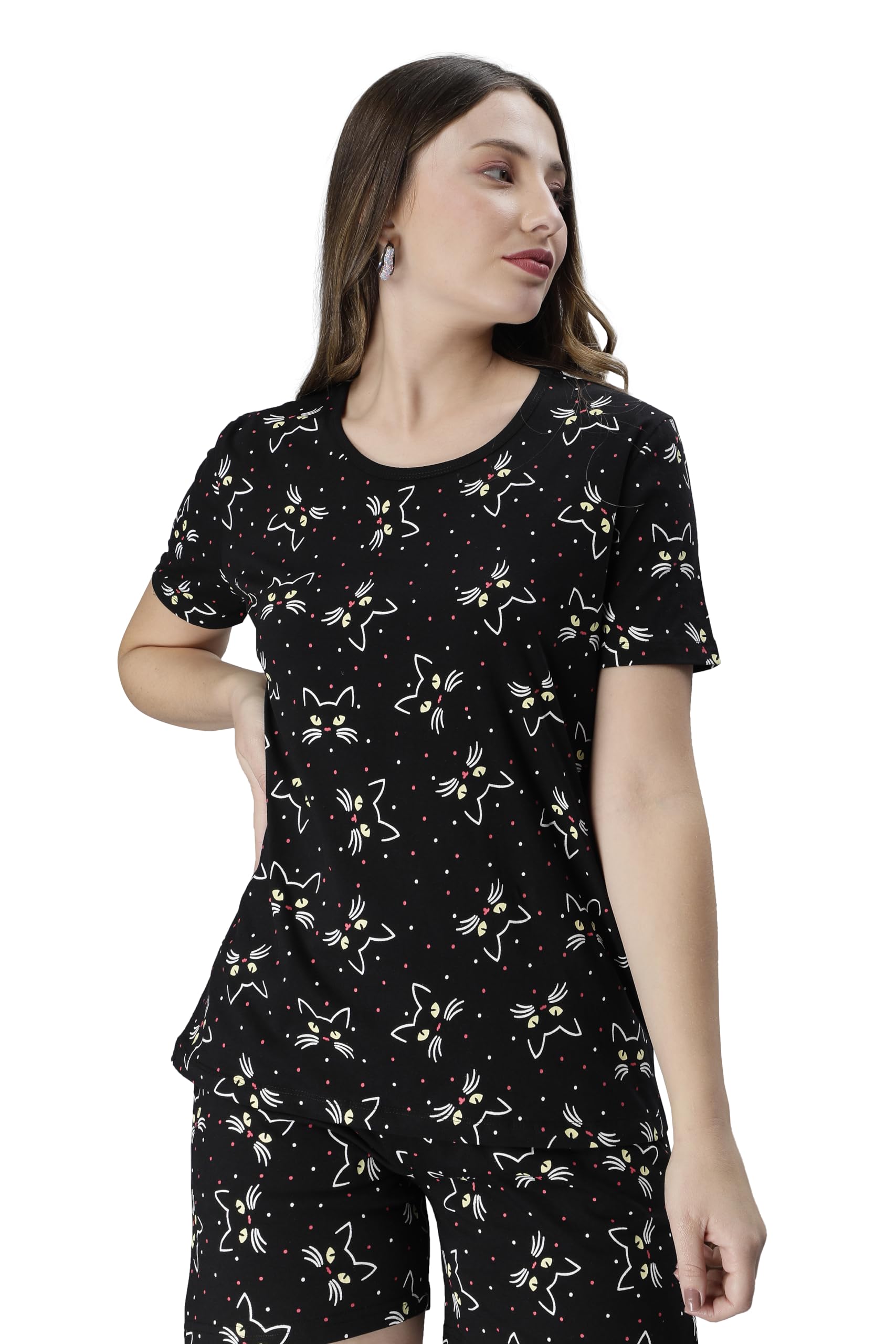 Womens Printed Night Suit Co-Ord Set of Top & Shorts (SA_C-ORD_102(P), Black)-image-19