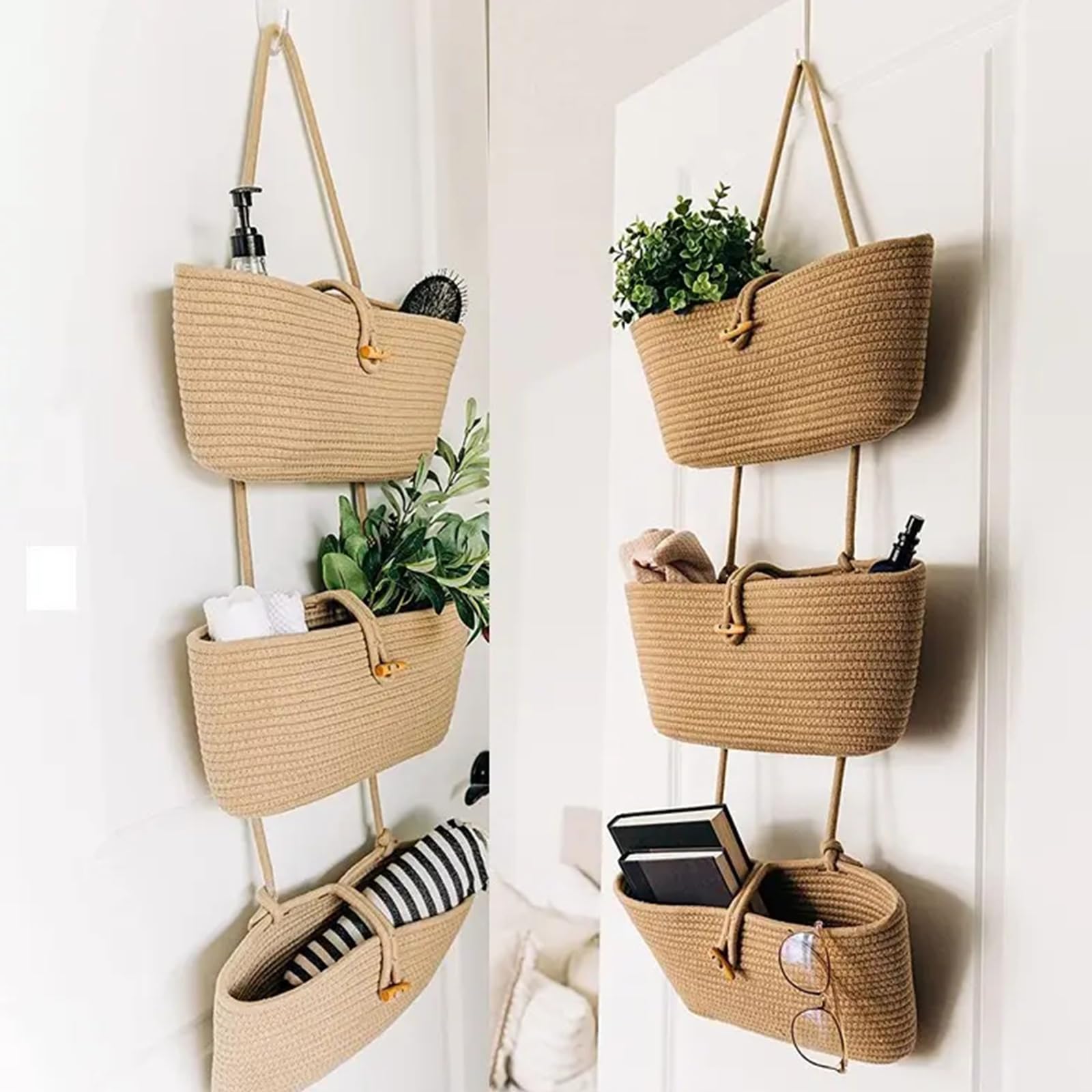 3-Tier Over the Door Hanging Basket, Wall Mount Hanging Storage Organiser Bag, Cotton Rope Woven Storage Solution with Hook, Decorative Hanging Baskets for Bedroom, Living Room, Bathroom, Nursery (B1) - Image 3