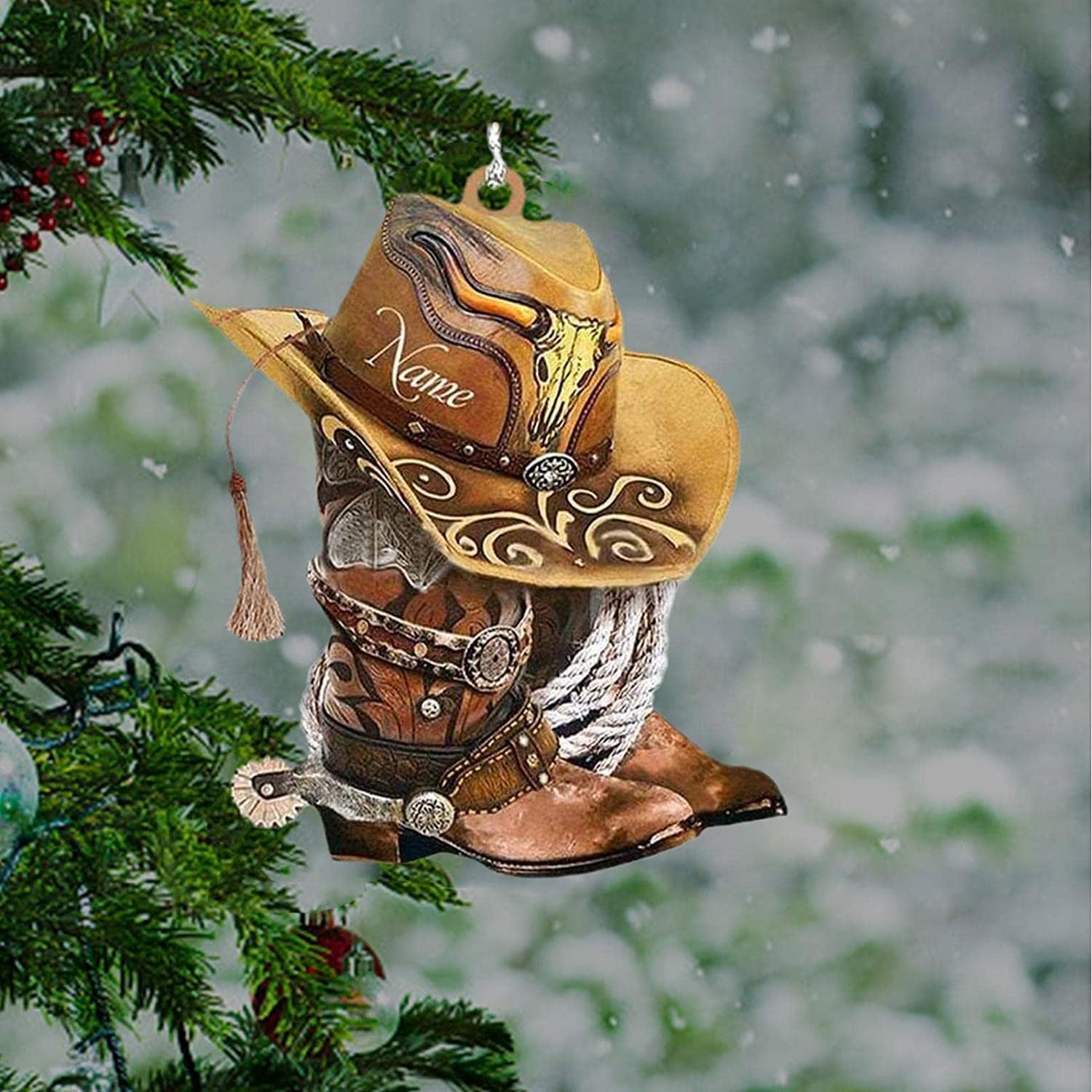 Lot De 2 Bottes De Cowboy Et Chapeau - Décorations Sapin Noël Et Rétroviseur Voiture En Acrylique