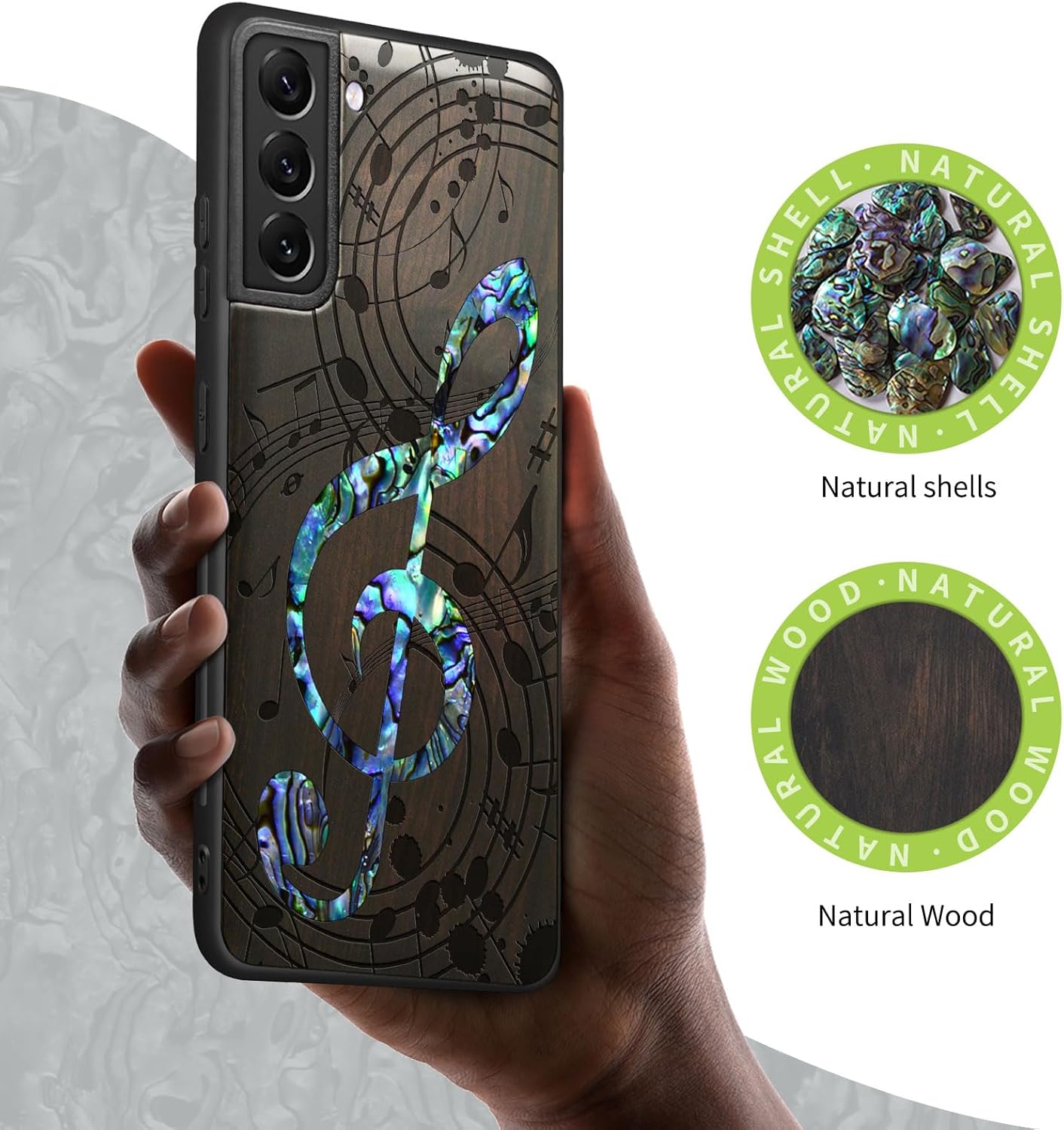 Carveit Designer Wooden Cover for Samsung Galaxy S22 Plus Case [Wood Engraving & Shell Inlay] Compatible with Wireless Chargers Galaxy S22 Plus (Musical Note-Blackwood)