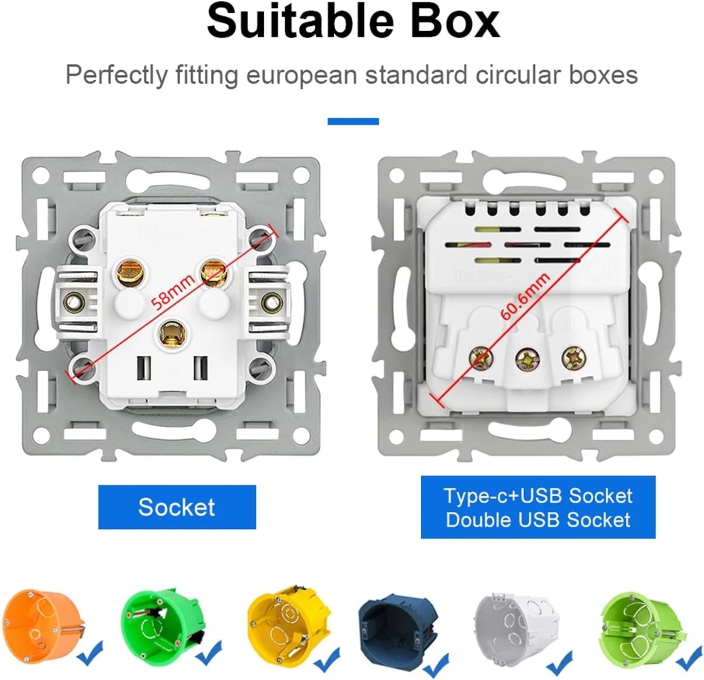 SRAN EU FR Type C & USB Wall Outlet 1-5 Frame Glass Panel Vertical Installation Combination For Circular Boxes(EU cover)
