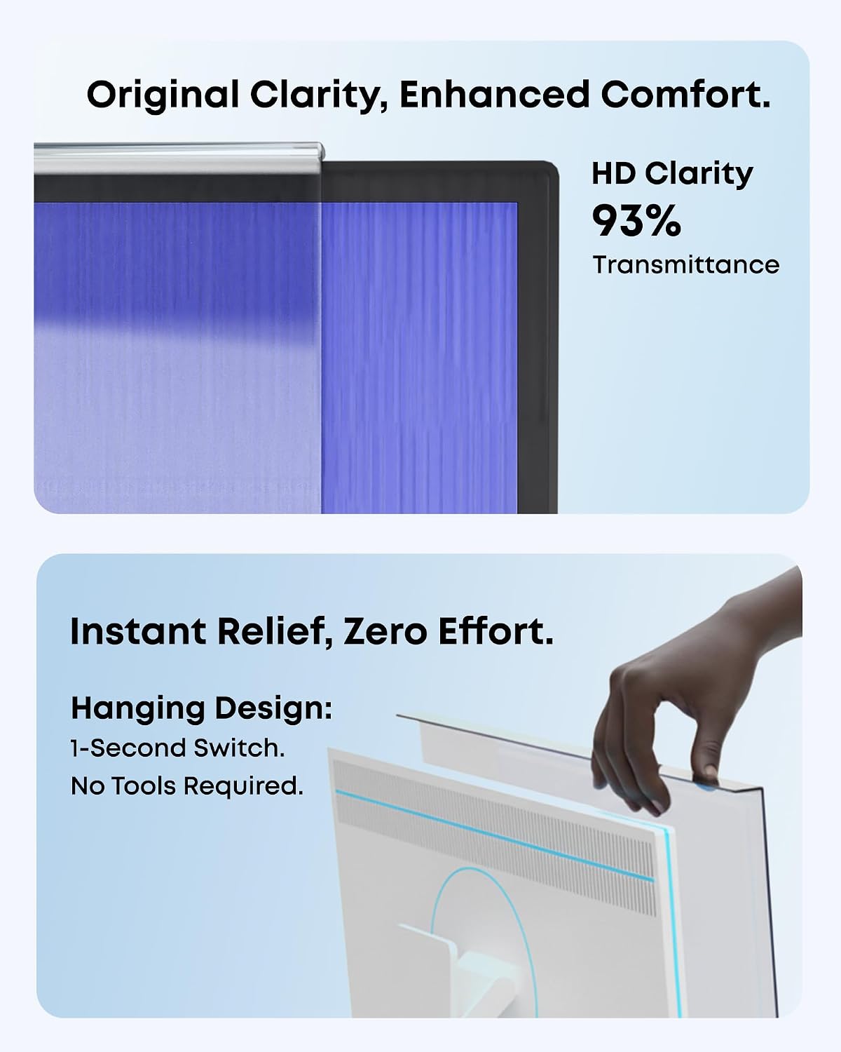 Hanging Anti Blue Light Monitor Screen Protector - Blocks 87% Blue Light & 97% UV, No Installation, 93% HD Clarity, Fits 23-24" Frameless/Bottom Bezel ≤3mm Monitors