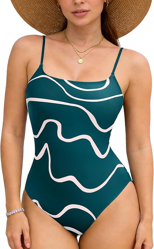 RIHOAS Women's Square Neck One Piece Swimsuit: Modest Slimming Italian Fabrics 4N6S Stitch, Wave Print Full Coverage